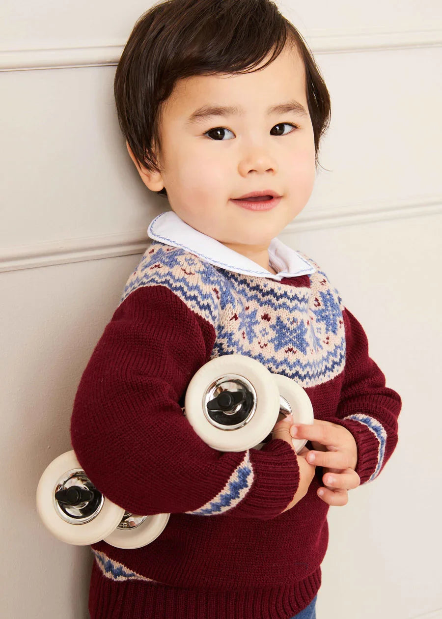 Classic Burgundy Fair Isle Merino Wool Sweater for Baby Boys - Cozy Winter Outfit for Holidays & Family Photos