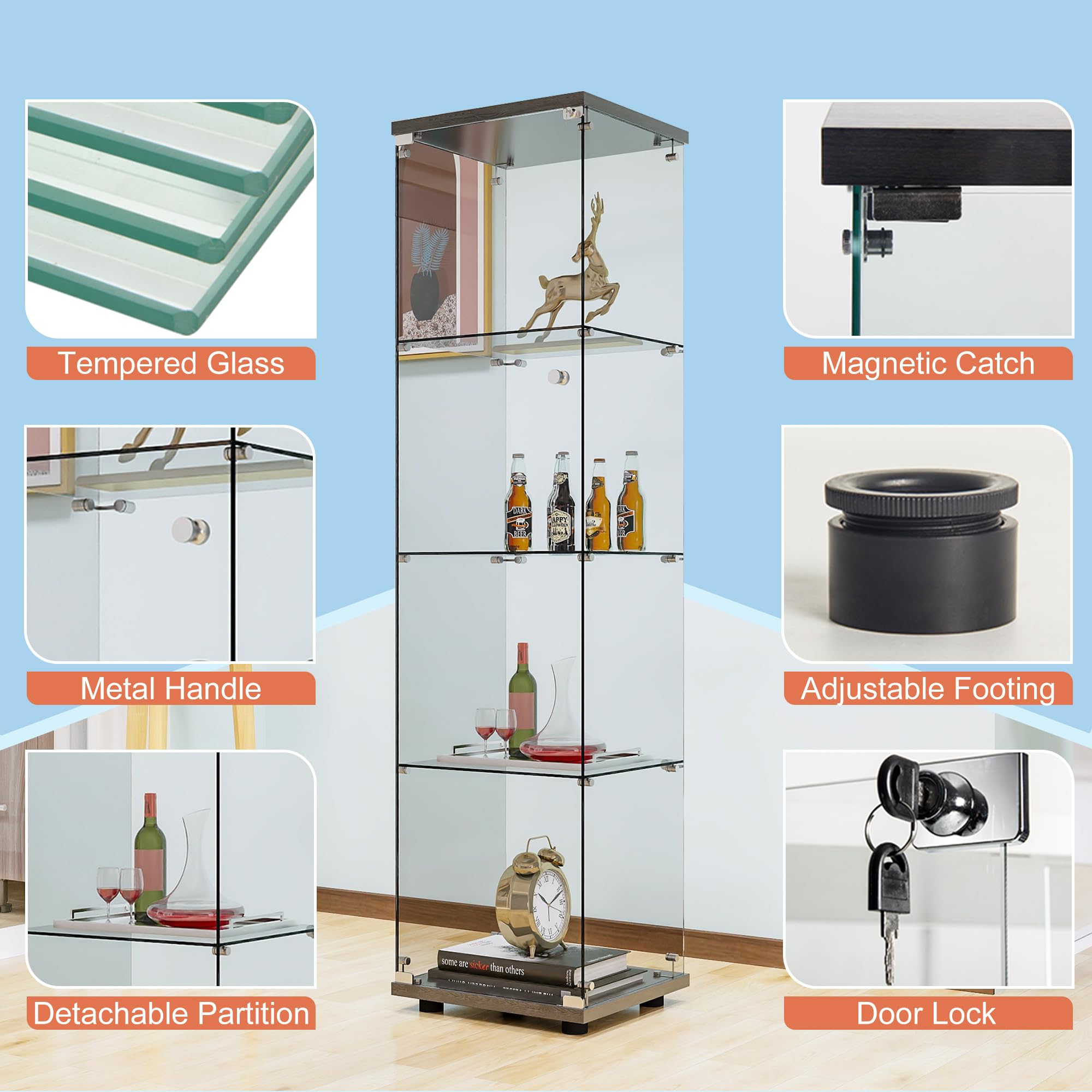 FANYUSHOW 4-Tier Glass Display Cabinet with Tempered Glass Door - Black Curio Cabinet for Collectibles, Home Decor & Retail Store Display (Living Room, Bedroom, Office, Shop)