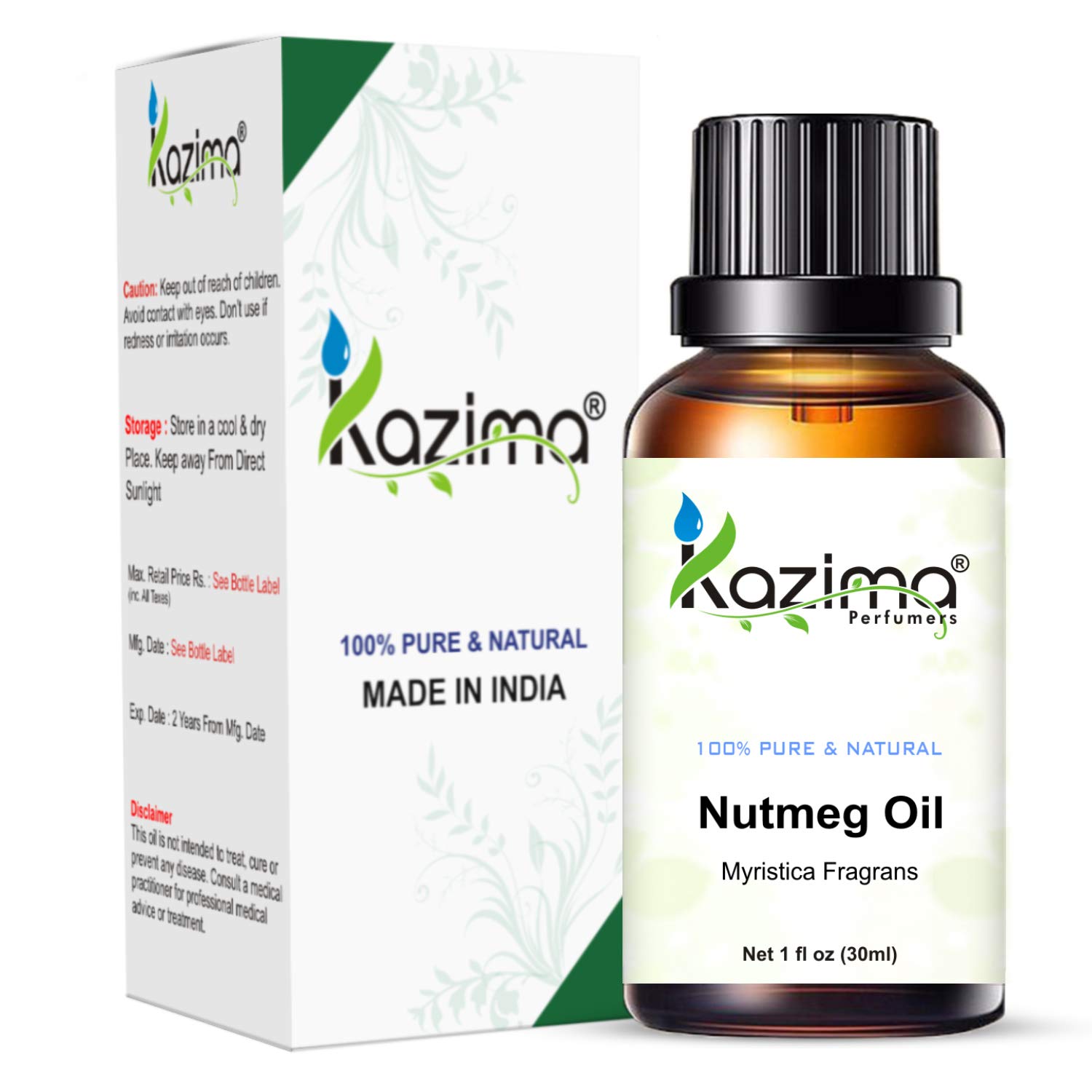 KAZIMA 100% Pure Natural Nutmeg Essential Oil - Undiluted for Skin Care, Hair Care & Aromatherapy (30ml) - Perfect for Massage, Diffuser & DIY Beauty Recipes