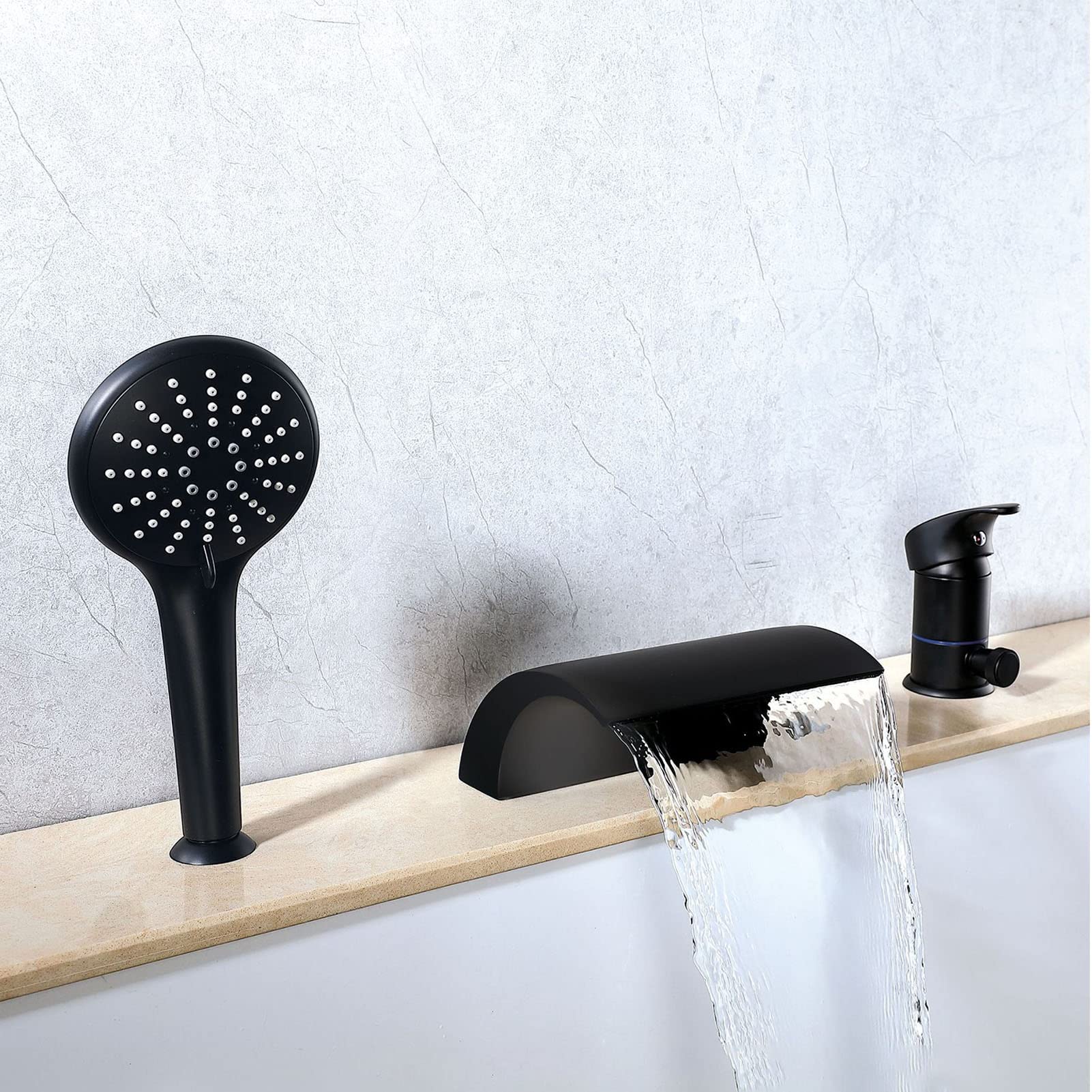Matte Black Waterfall Bathtub Faucet with Hand Shower - 3 Hole Single Handle Tub Mixer Tap - Modern Brass Bathroom Shower Faucet for Spa-Like Relaxation and Luxurious Bathing Experience
