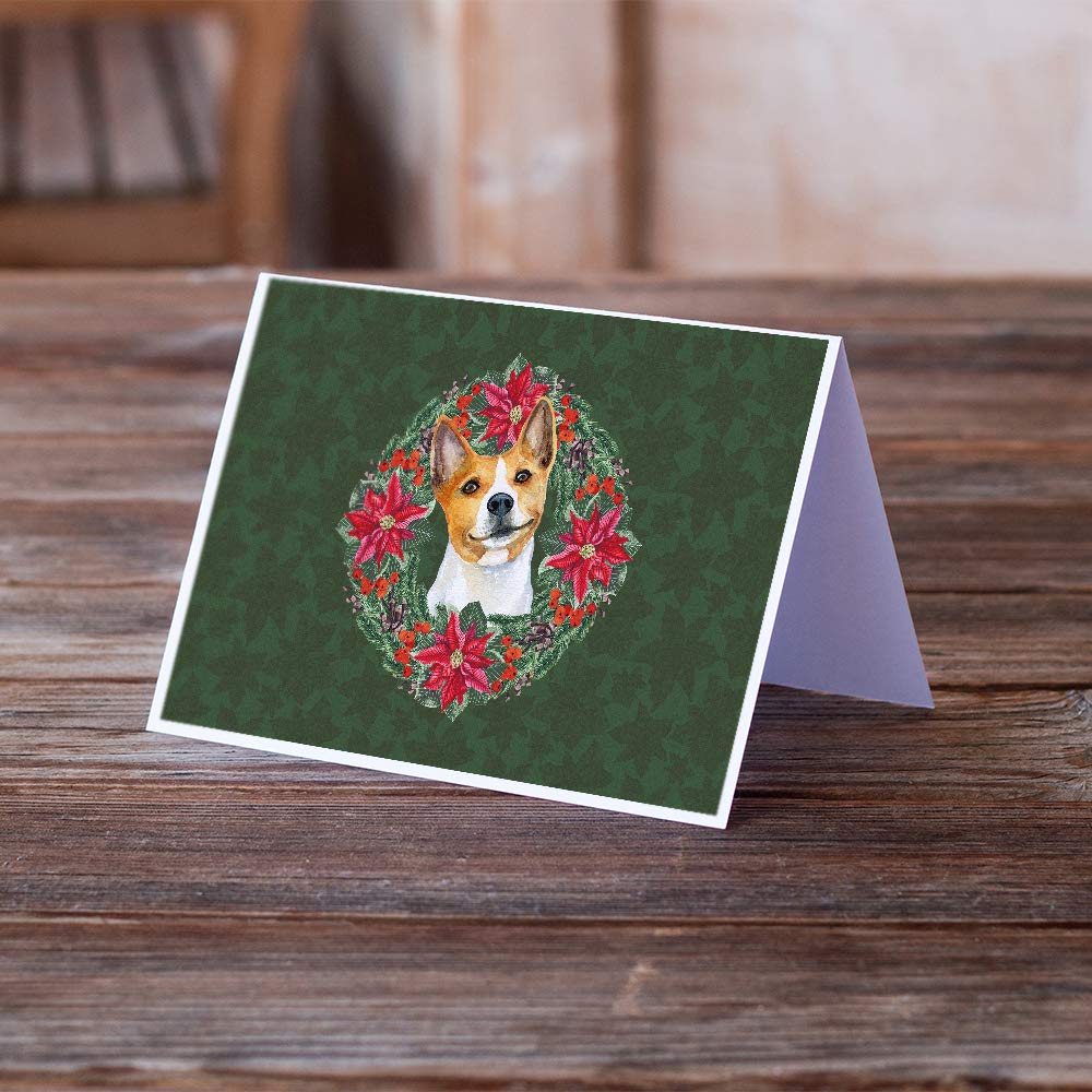Basenji Poinsettia Wreath Greeting Cards - Pack of 8 Blank A7 Note Cards (5x7 Inches) with Envelopes | Whimsical Holiday Cards for Christmas, Thank You Notes & Seasonal Greetings
