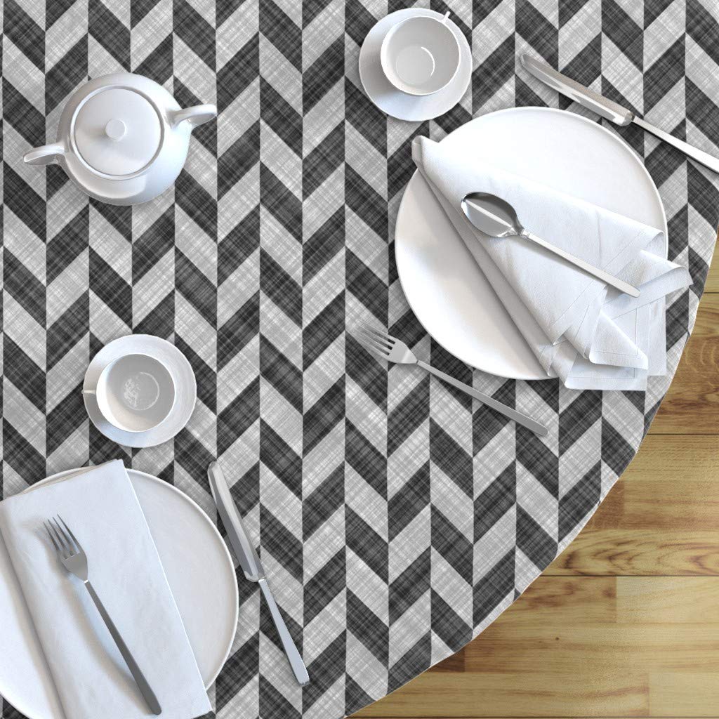 Custom Chevron Zigzag Checkered Midcentury Modern Geometric Black White Print Cotton Sateen Tablecloth - 70