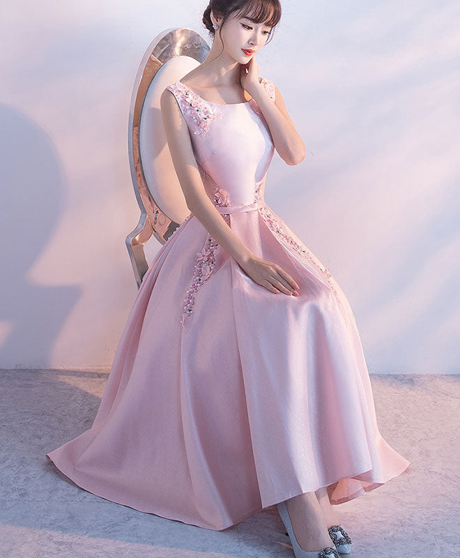 Elegant Pink Satin Lace Tea-Length Prom Dress | Formal Evening Gown for Homecoming, Quinceañera & Special Occasions