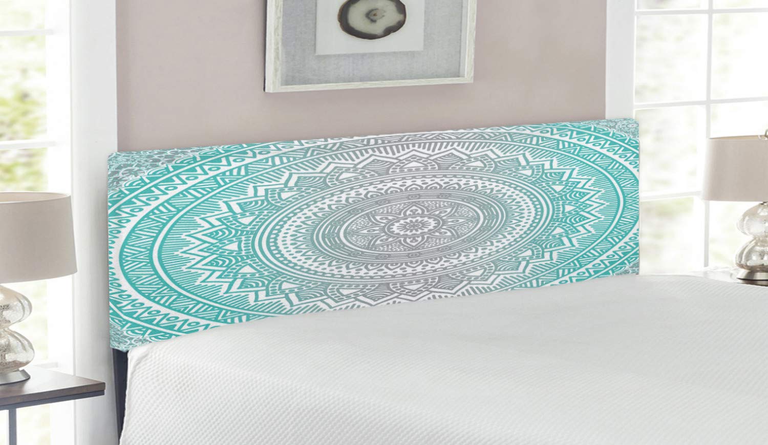 Ambesonne Grey and Aqua Upholstered Headboard with Memory Foam - Queen Size Ombre Tribal Geometric Mandala Art Metal Bed Frame - Perfect for Bedroom Decor & Boho Chic Home Styling