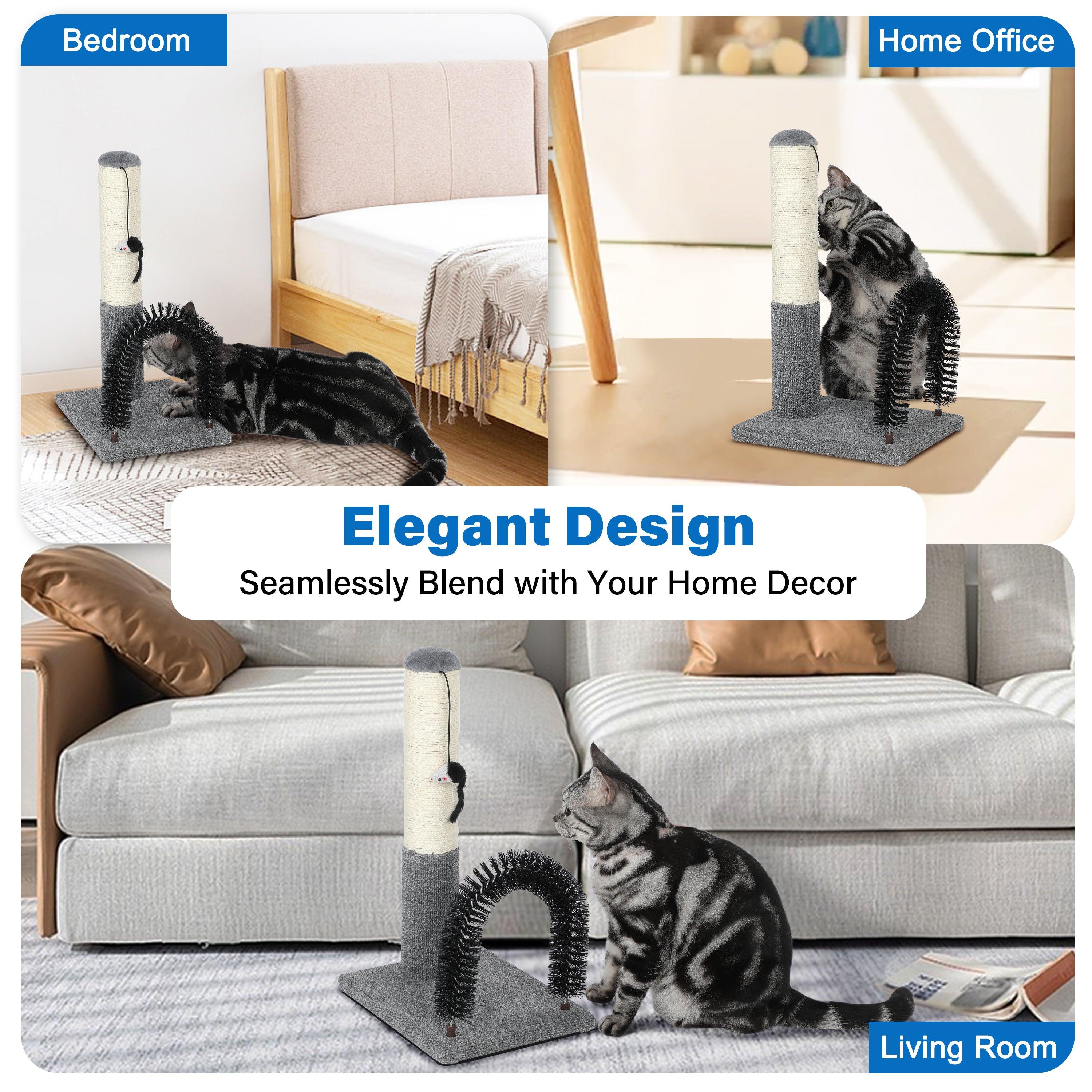 18 Inch Cat Scratching Post with Grooming Brush & Dangling Ball - Self Groomer Scratcher for Kittens & Adult Cats - Indoor Cat Furniture Protector - Perfect for Playtime, Grooming & Furniture Protection