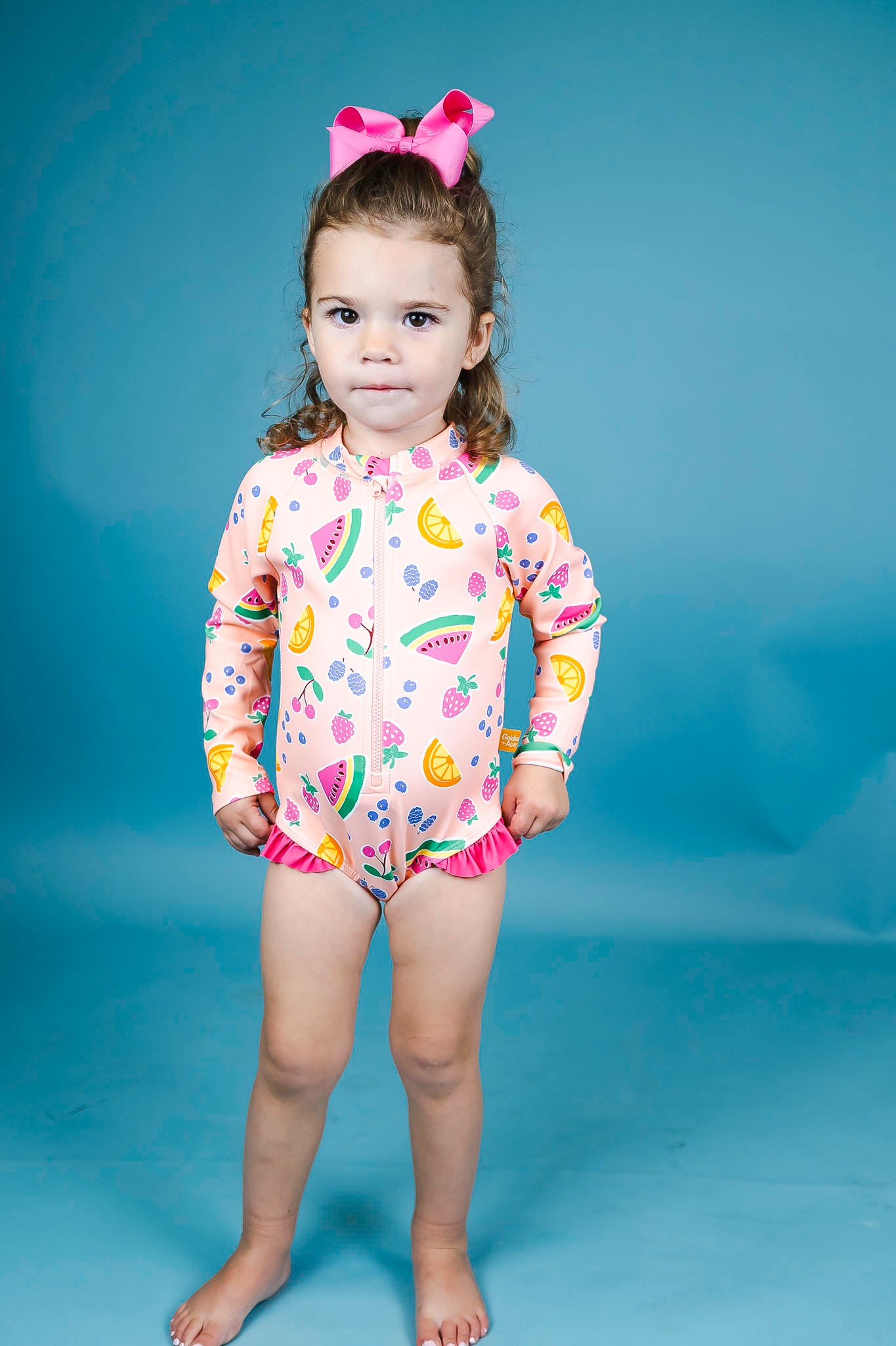 Baby Girl Fruit Salad Print Long Sleeve Swimsuit - UV Protection Rash Guard for Beach, Pool & Summer Play