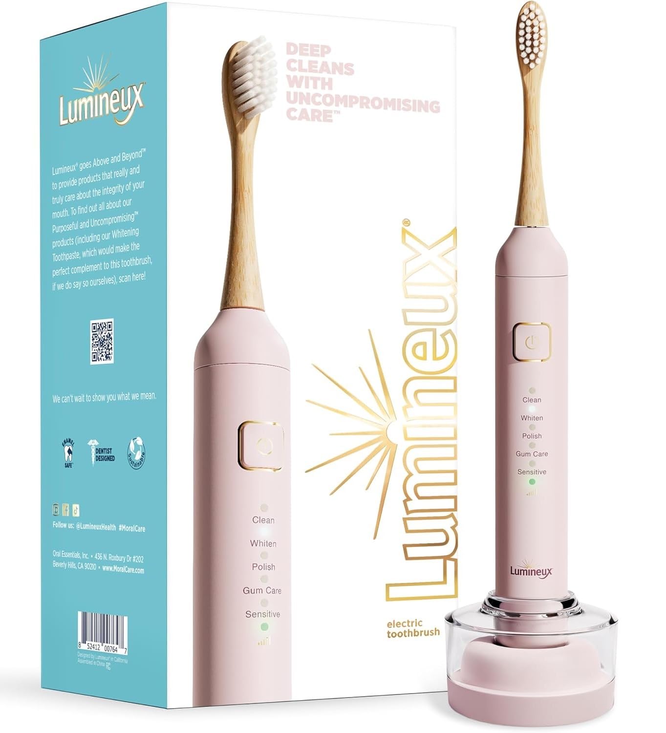 Lumineux Sonic Bamboo Electric Toothbrush for Adults - Teeth Whitening with 2 Soft Bristle Replaceable Heads, Charging Station & USB Cord - Rechargeable Bloom Pink Toothbrush for Home & Travel Use