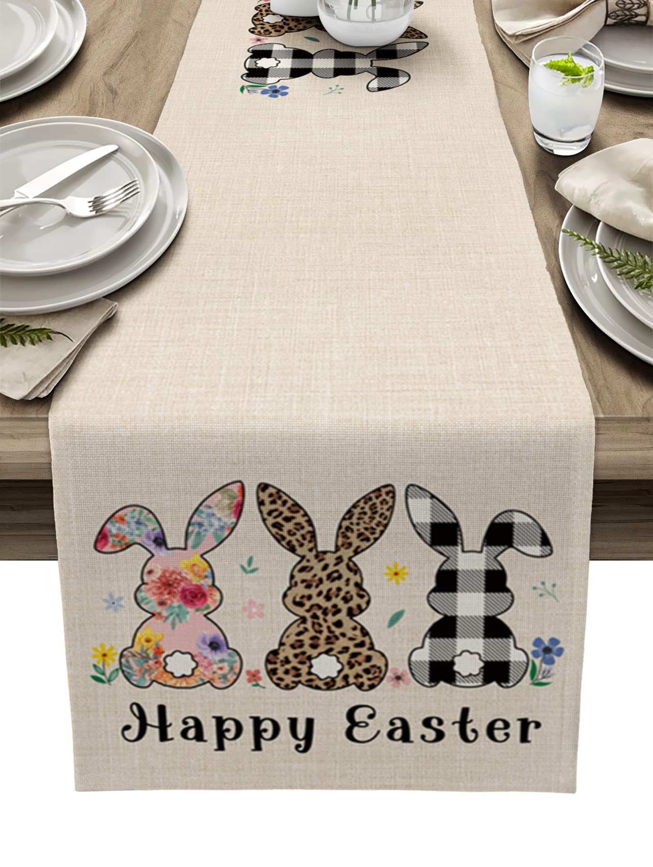 Easter Table Runner - Cute Bunny Rabbit & Spring Floral Decorative Table Scarf for Easter Day, Spring Dinner, Home Kitchen & Dining Room Decor - 13x120 Inches - Perfect for Easter Party Supplies, Holiday Tablescapes & Seasonal Home Decorating