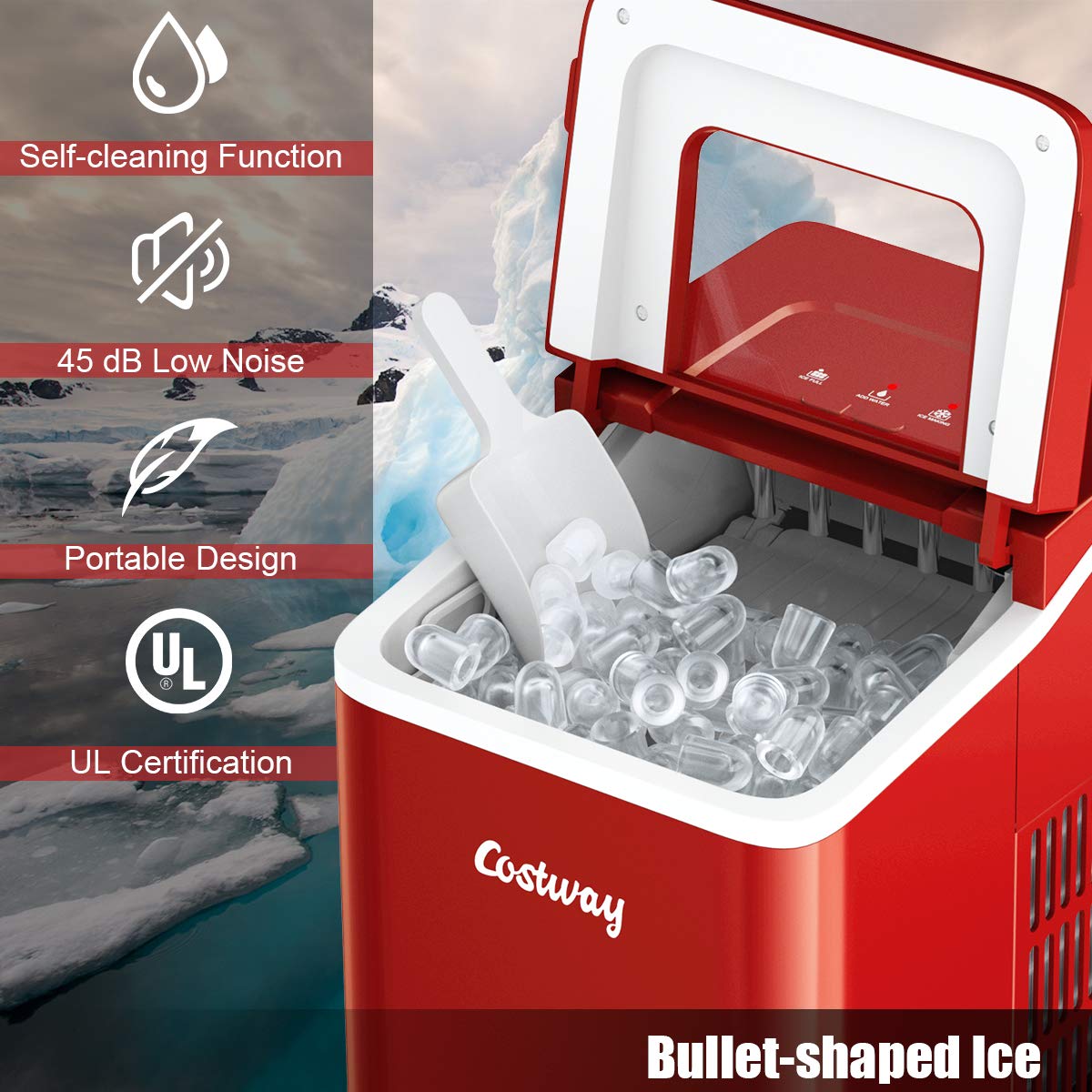 COSTWAY 26Lbs/24H Portable Countertop Ice Maker with Self-Cleaning Function - Makes Bullet Ice Cubes in 8 Minutes - Includes Scoop & Removable Basket - Perfect for Home, Parties, Bars, RV Trips & Outdoor Gatherings (Red)
