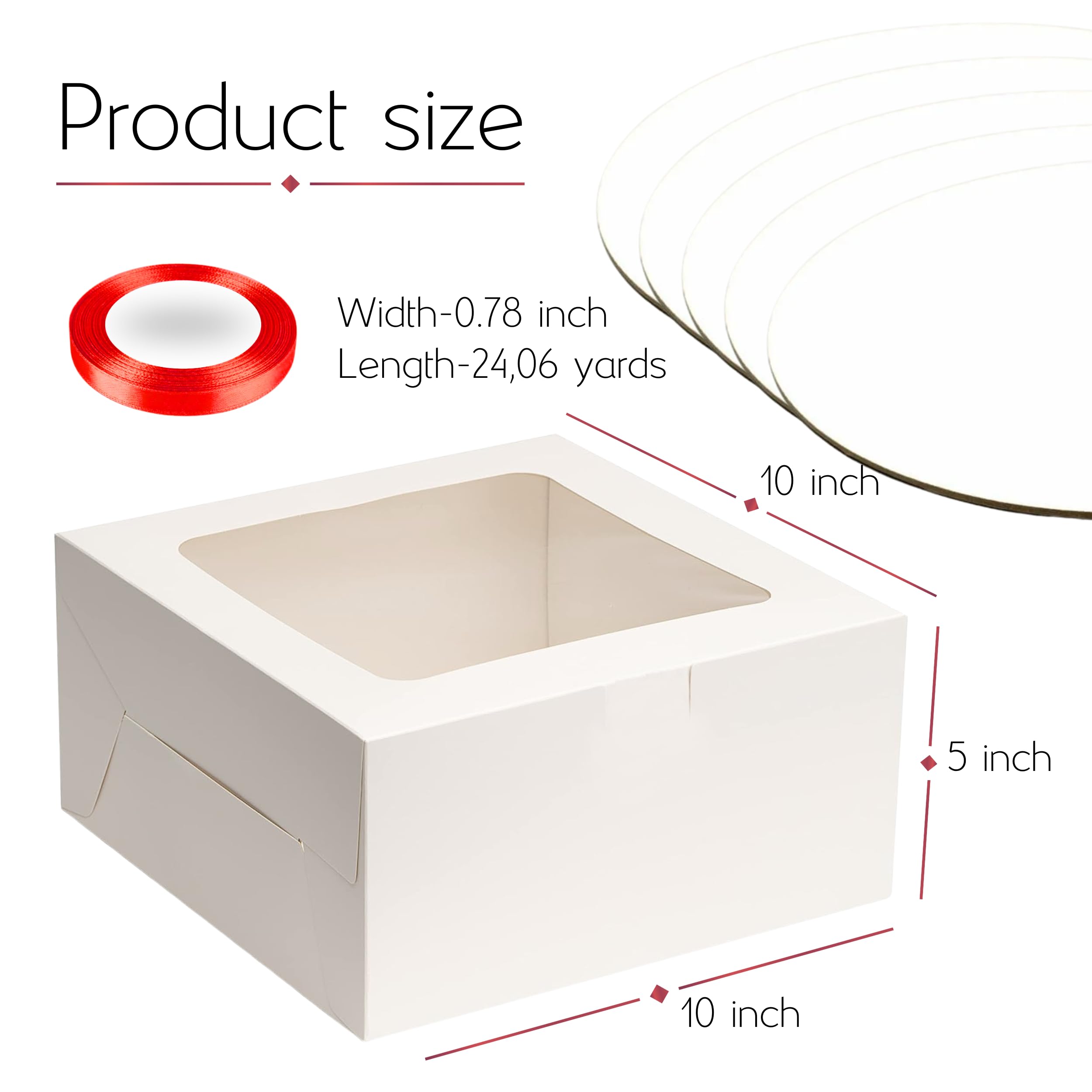 BELMAKS 10 Inch Cake Box Set - Disposable Bakery Boxes with Clear Window, Lids & Red Ribbons | Includes 10 Inch Cake Drum & Cake Board | Perfect for Birthday Cakes, Wedding Desserts & Bakery Display