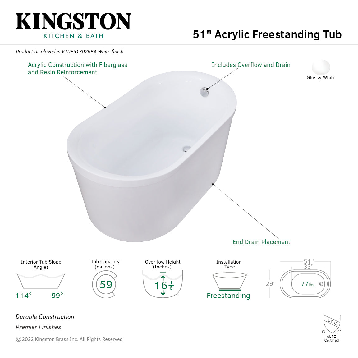Aqua Eden VTDE513026BA 51 Inch Acrylic Oval Double Slipper Freestanding Bathtub with Drain - Glossy White - Luxury Soaking Tub for Spa-Like Relaxation in Master Bathroom