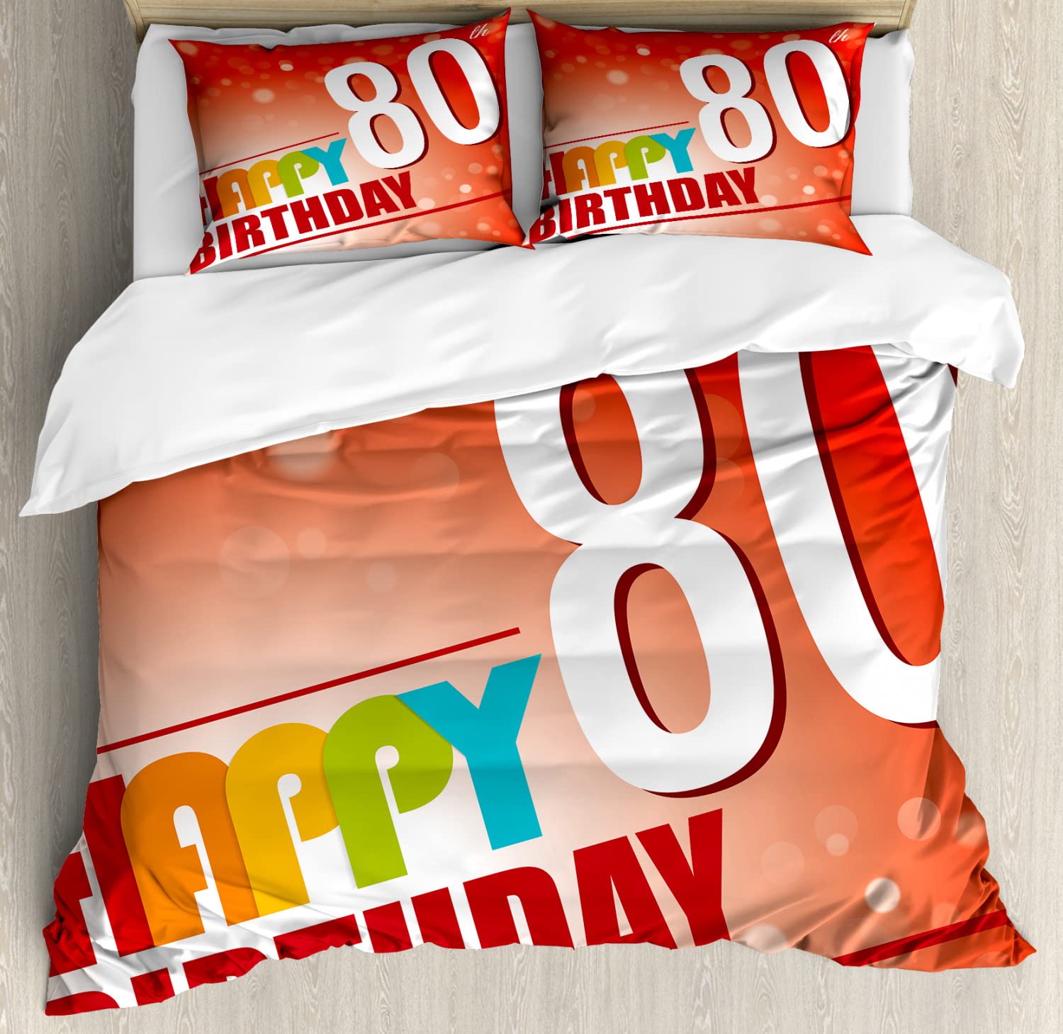 Ambesonne 80th Birthday Duvet Cover Set - Queen Size 2-Pack with 2 Duvet Covers & 4 Pillowcases - Vibrant Abstract Design in Red Vermilion & White - Perfect for 80th Birthday Party Decorations & Gift Ideas