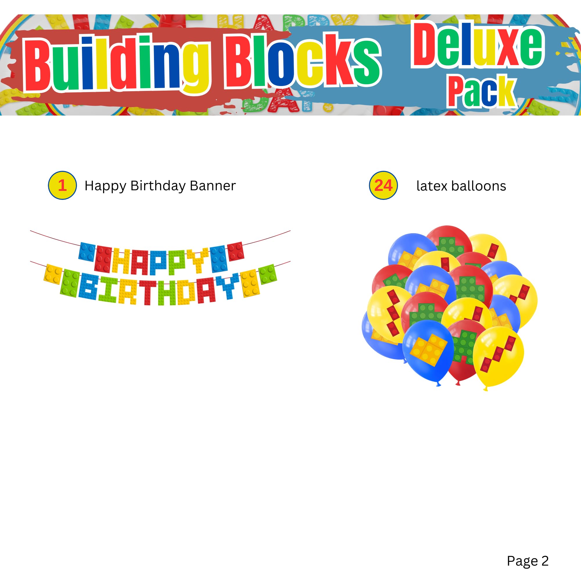 Building Block Deluxe Party Supplies Pack (137 Pieces for 16 Guests) - Brick Themed Party Decorations, Gamer Birthday Party Kit, Minecraft Inspired Blocks, Kids Construction Birthday Decor - Perfect for Lego Parties, Baby Showers & Classroom Activities