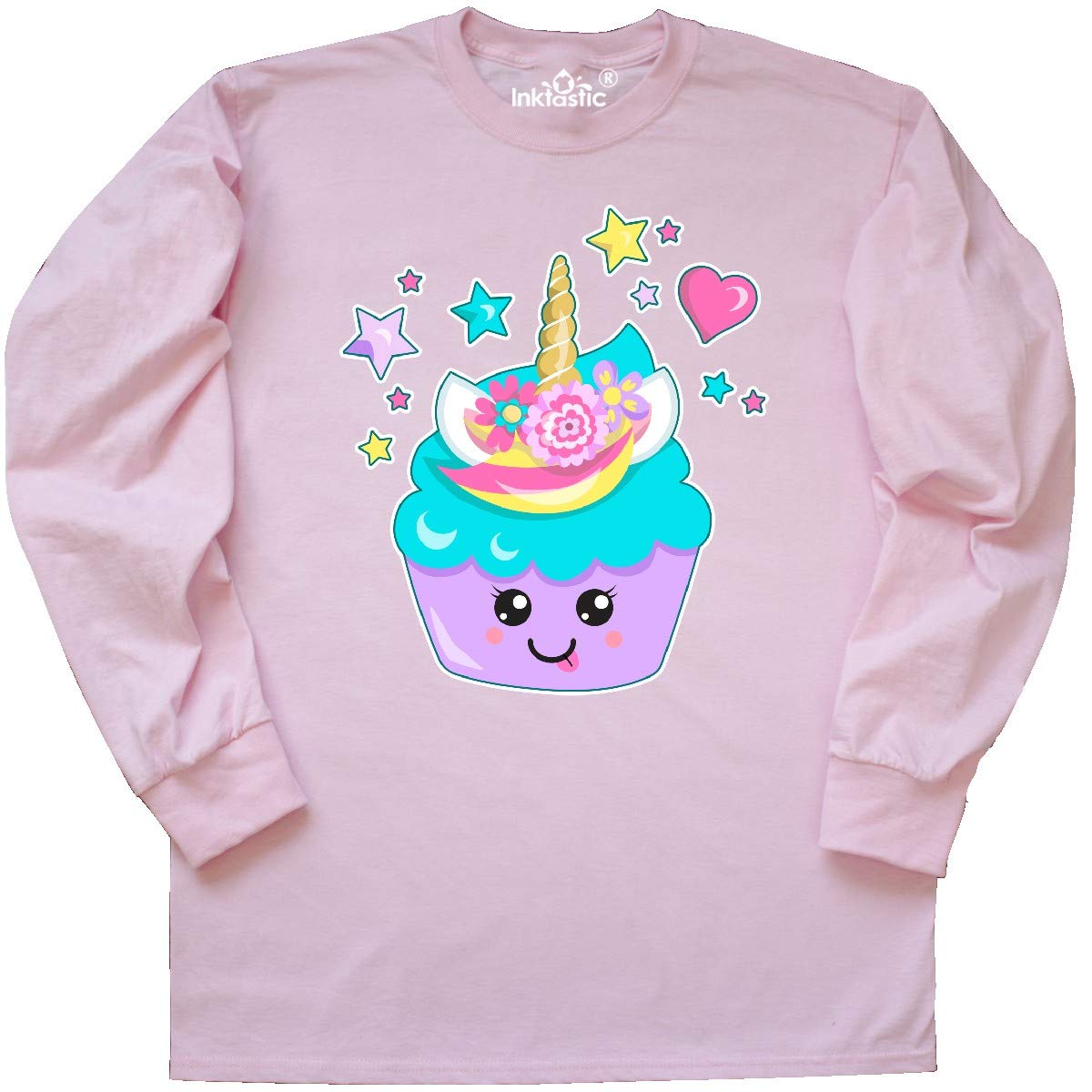 Inktastic Unicorn Cupcake with Flowers Long Sleeve T-Shirt for Women | Cute Graphic Tee | Soft Cotton Comfort | Perfect for Birthday Parties, Gifts & Casual Wear