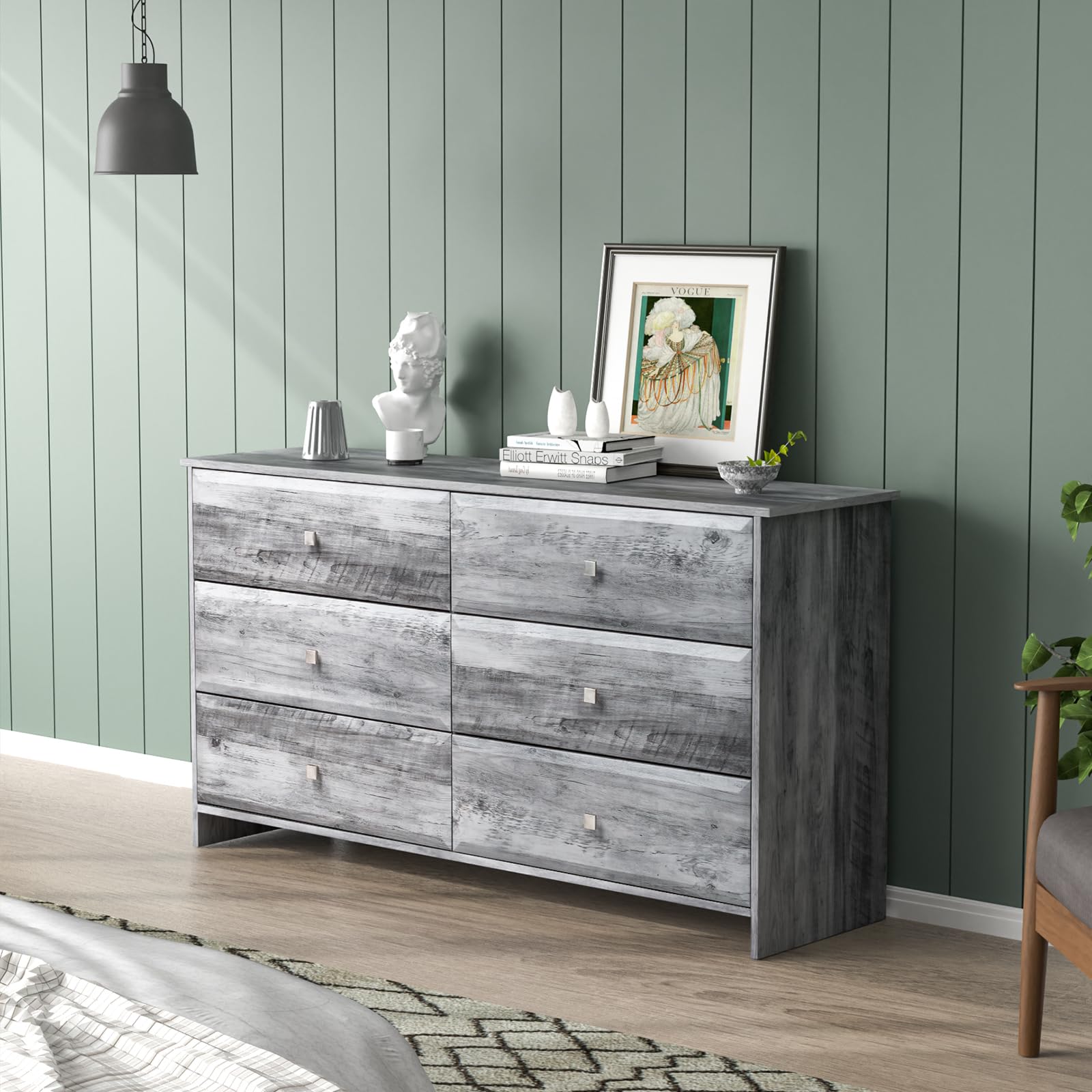 VINGLI 6-Drawer Washed Gray Dresser with Textured Drawer Front - 53.9