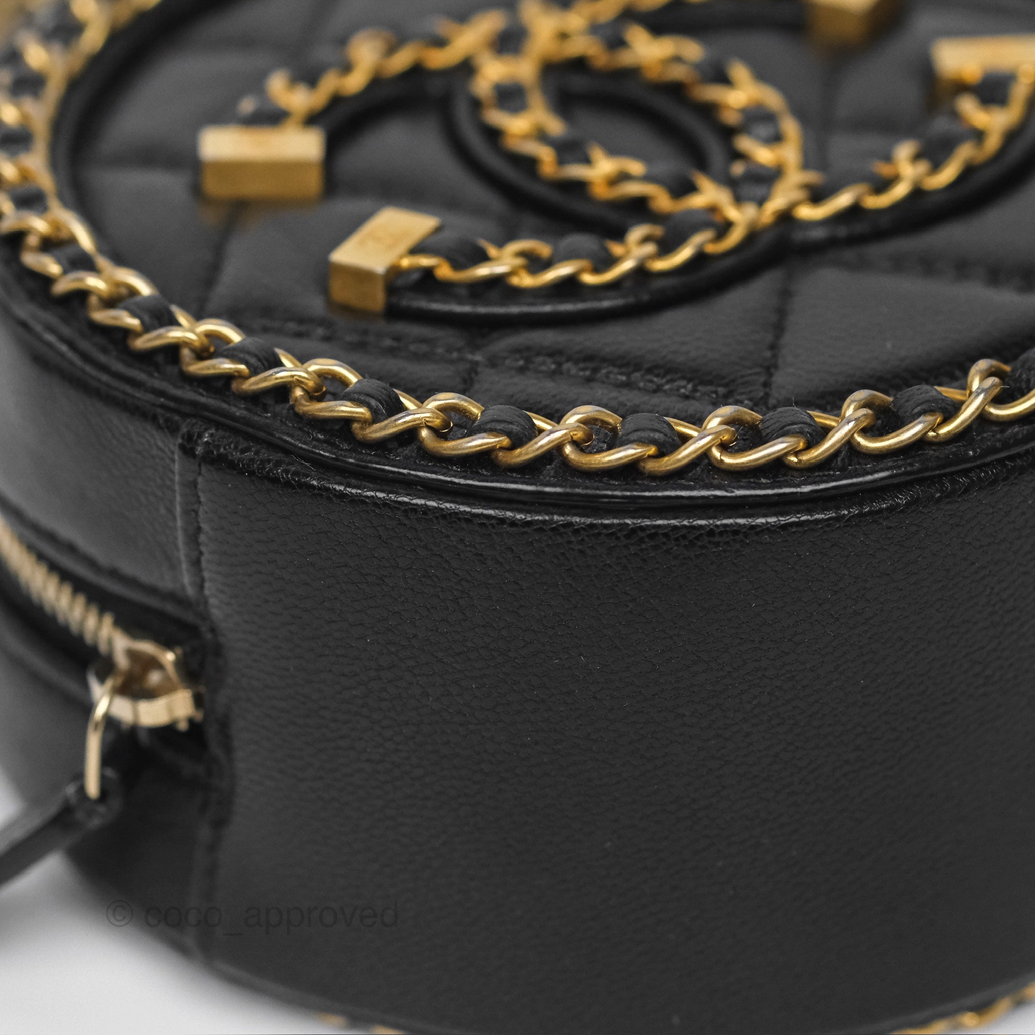 Chanel Black Lambskin Chained Round Filigree Clutch with Gold Hardware - Elegant Evening Bag for Parties, Weddings & Special Occasions