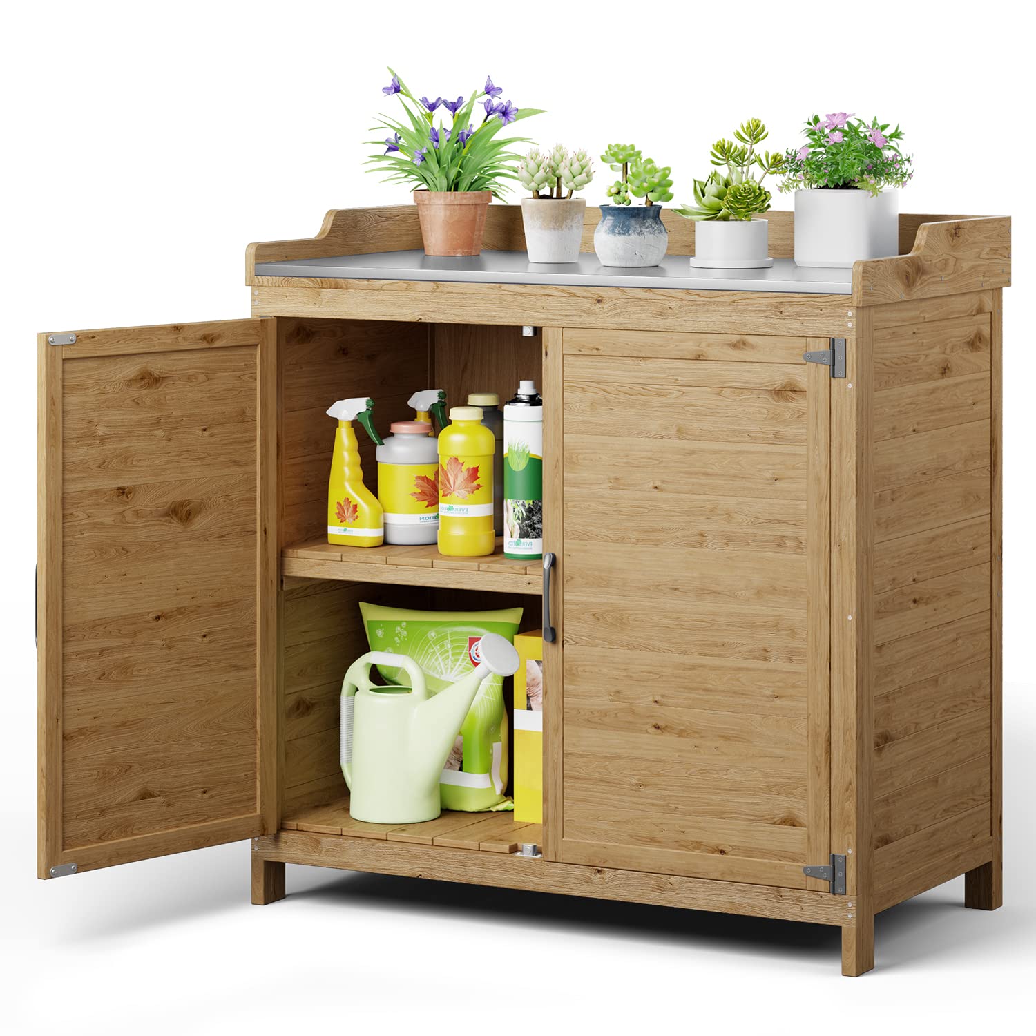 Gizoon Outdoor Potting Bench with Metal Tabletop & Adjustable Shelf - Wooden Garden Storage Cabinet with Double Doors - Perfect for Backyard, Patio, Lawn Gardening & DIY Projects - Natural Finish