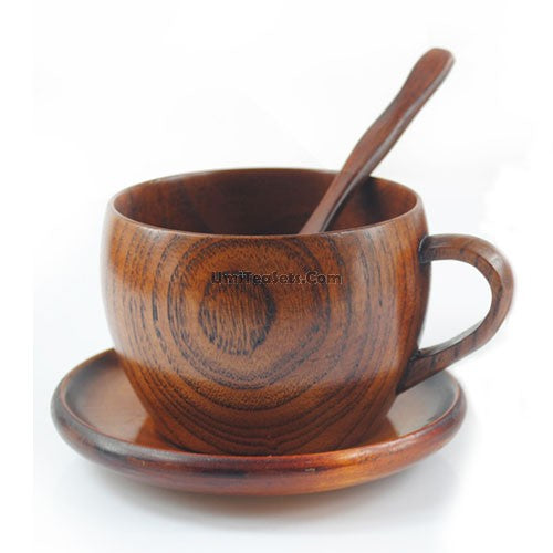 Premium Handcrafted Wooden Tea Cup Set with Saucer & Spoon - 2 Piece Natural Wood Tea Drinking Kit for Home, Office & Outdoor Use