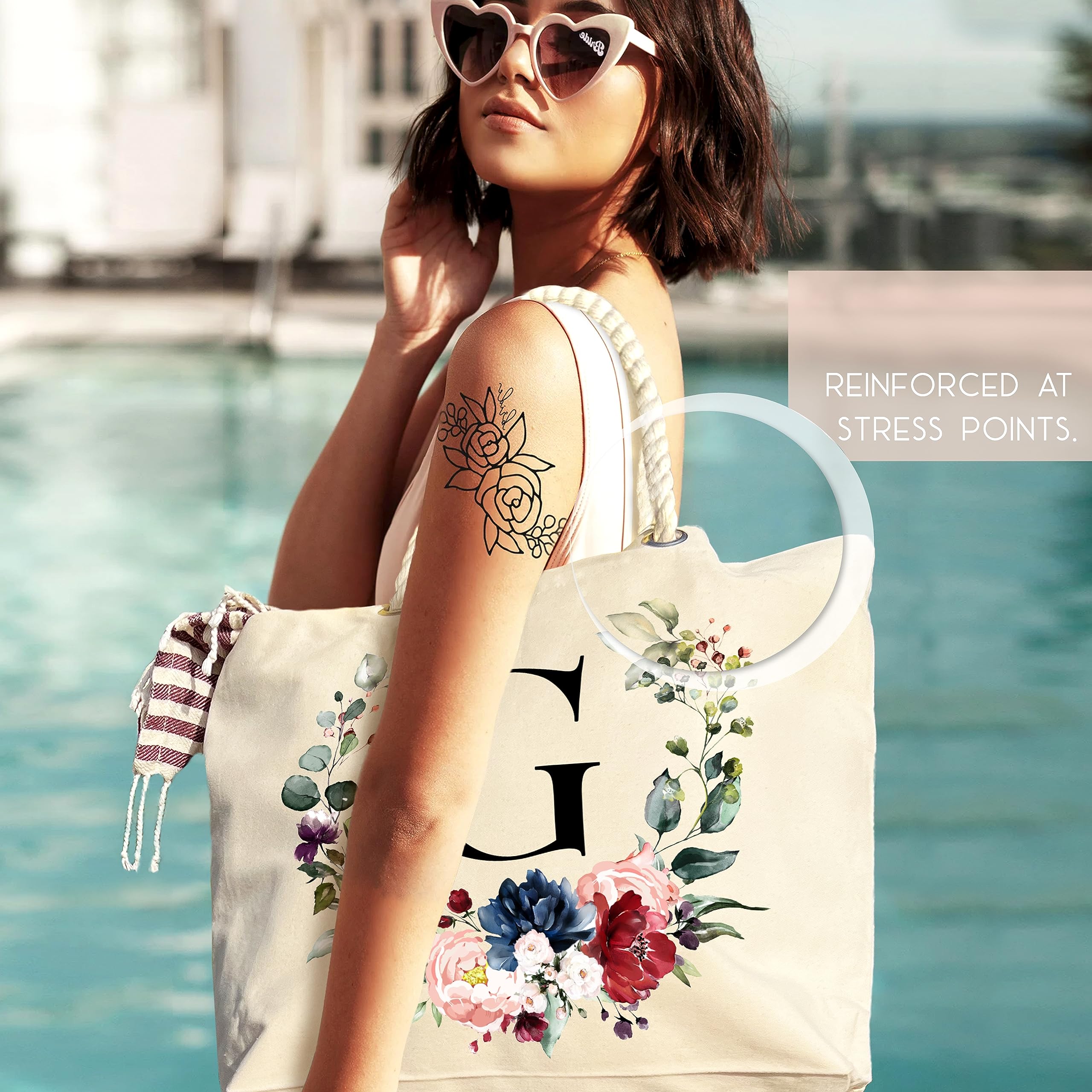 Custom Monogrammed Floral Initial Cotton Canvas Beach Tote Bag - Personalized Bridesmaid Gift for Wedding, Vacation & Summer Outings
