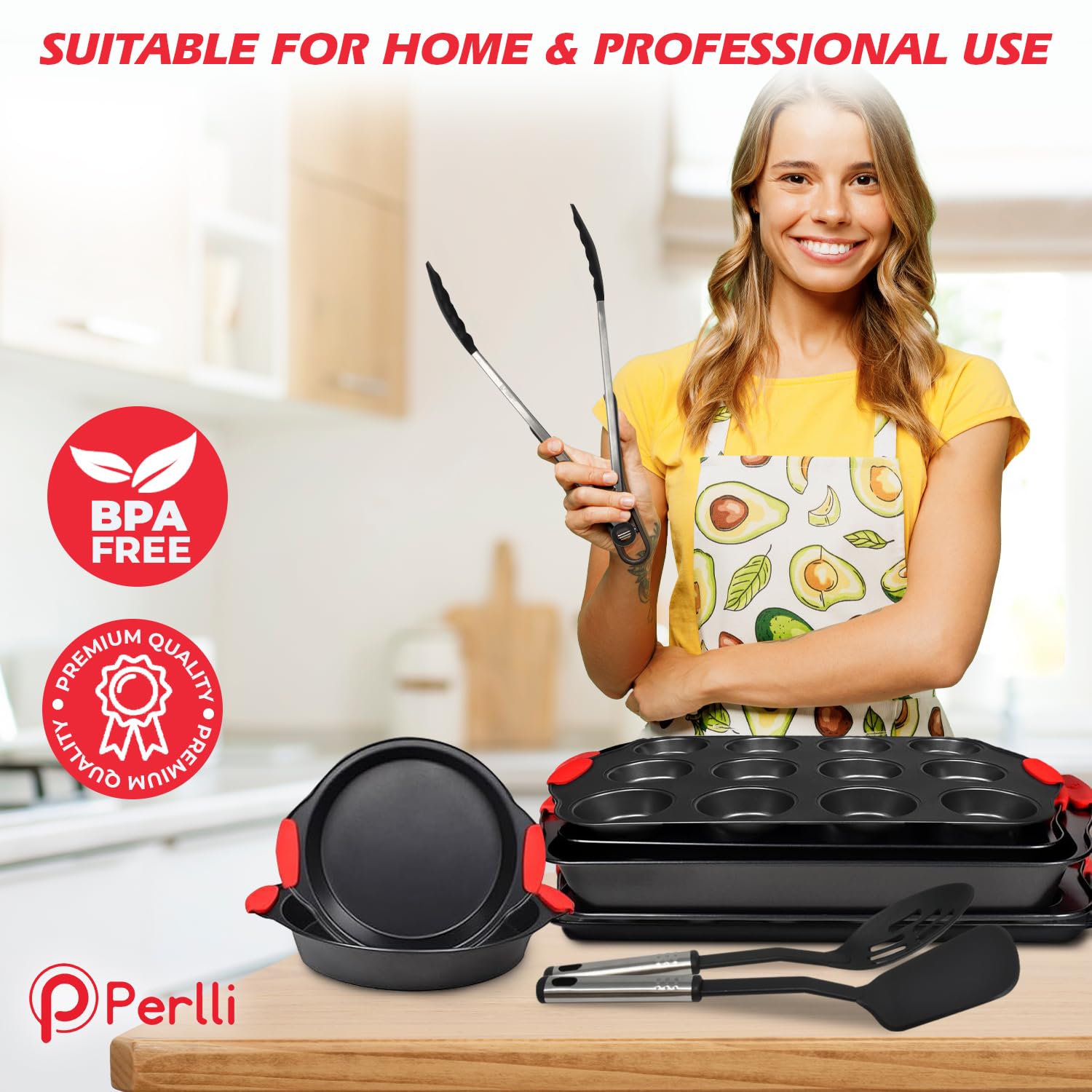 PERLLI Non-Stick 17-Piece Baking Pan Set - BPA-Free Carbon Steel Bakeware with Silicone Handles, Stackable Oven Safe Cookie Sheet & Baking Tray Set (446°F) - Perfect for Cookies, Cakes, Bread & Roasting Vegetables