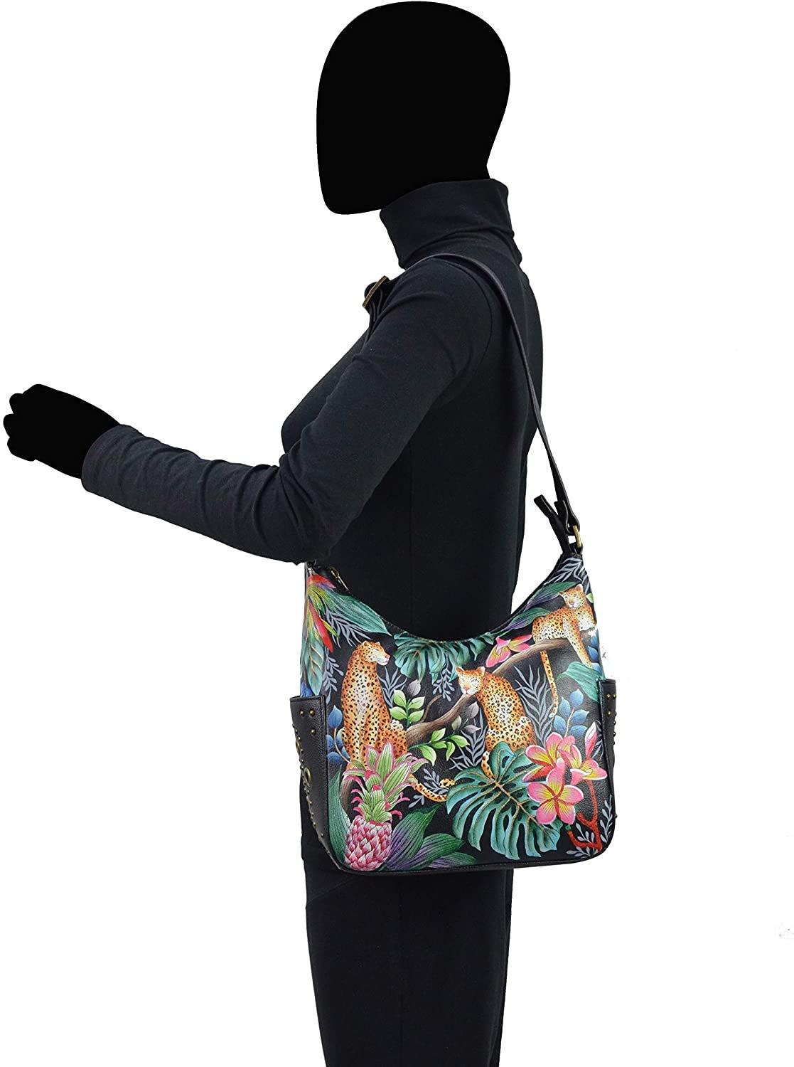 Anuschka Women's Genuine Leather Shoulder Bag - Hand-Painted Floral Art Hobo Purse with Studded Side Pockets | Stylish Crossbody Bag for Work, Travel & Everyday Use