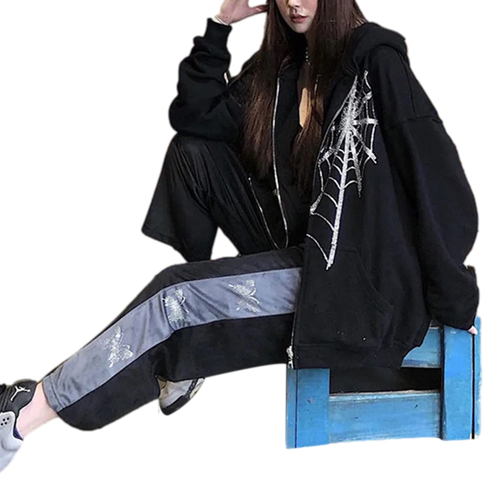 Tsnbre Women's Oversized Rhinestone Spider Web Print Zip Up Sweatshirt | Y2K Streetwear Jacket | Halloween Costume & Casual Outfit