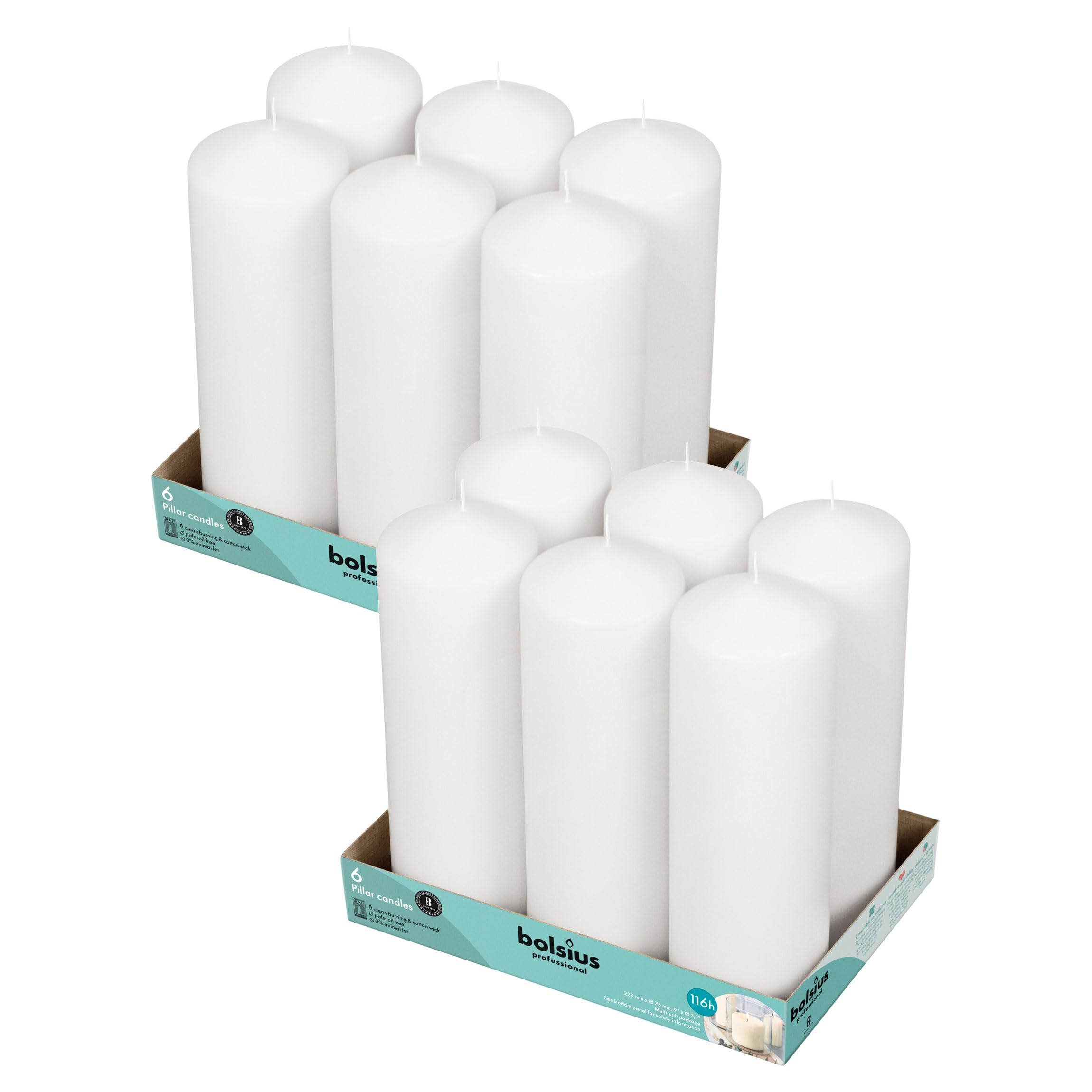 BOLSIUS 12-Pack White Pillar Candles Bulk - 3x9 Inches Long-Lasting Candles (116+ Hours Burn Time) - Clean Burning, Palm Oil Free, Vegan - Premium European Quality Unscented Dripless Decorative Pillar Candles for Weddings, Church, Home Decor & Romantic Dinner Lighting