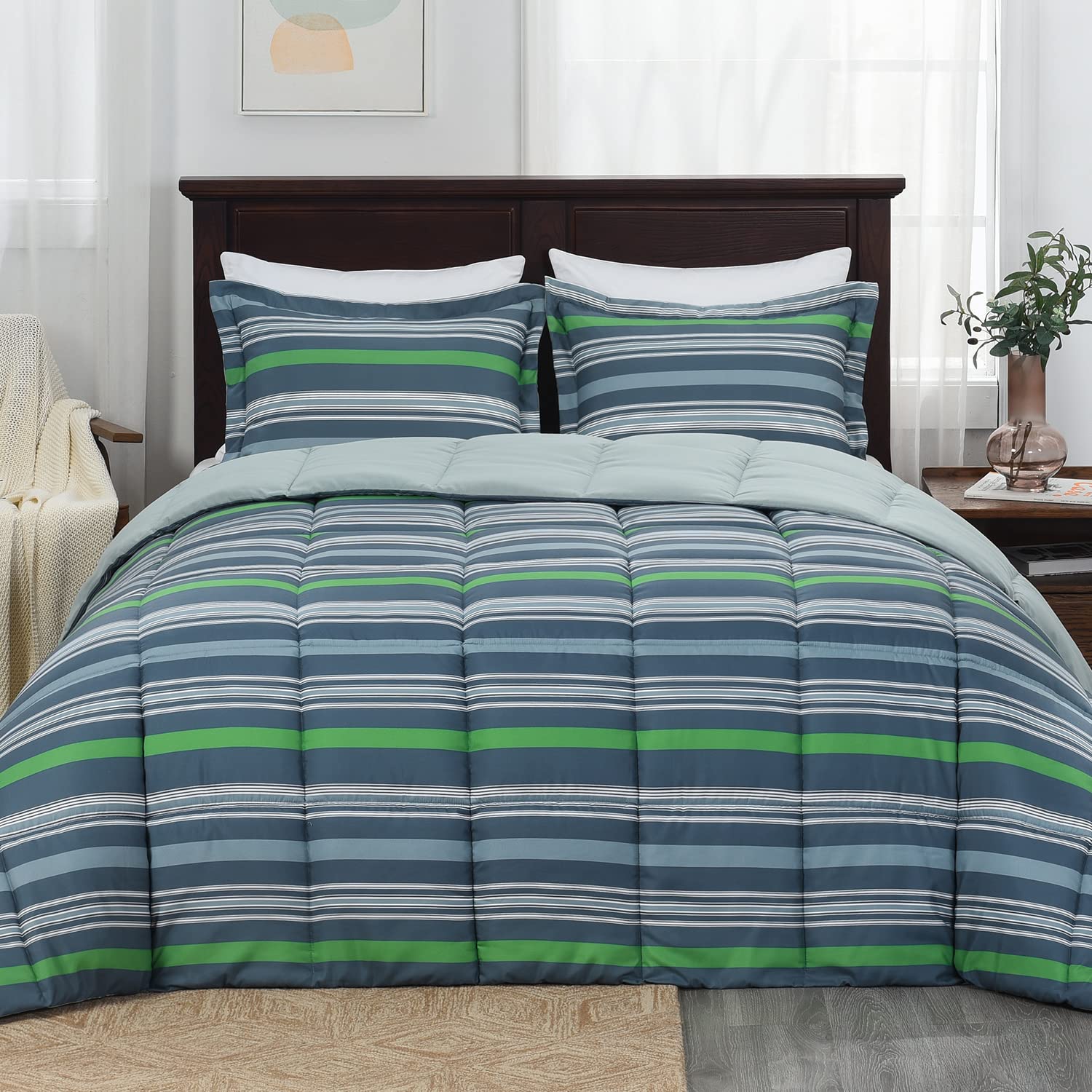 Basic Beyond Twin Comforter Set - Green & Grey Striped Lightweight Down Alternative Bedding | Soft Breathable Comforter for All Seasons | Perfect for Kids Rooms, Guest Beds & Dorm Rooms (Twin Size)