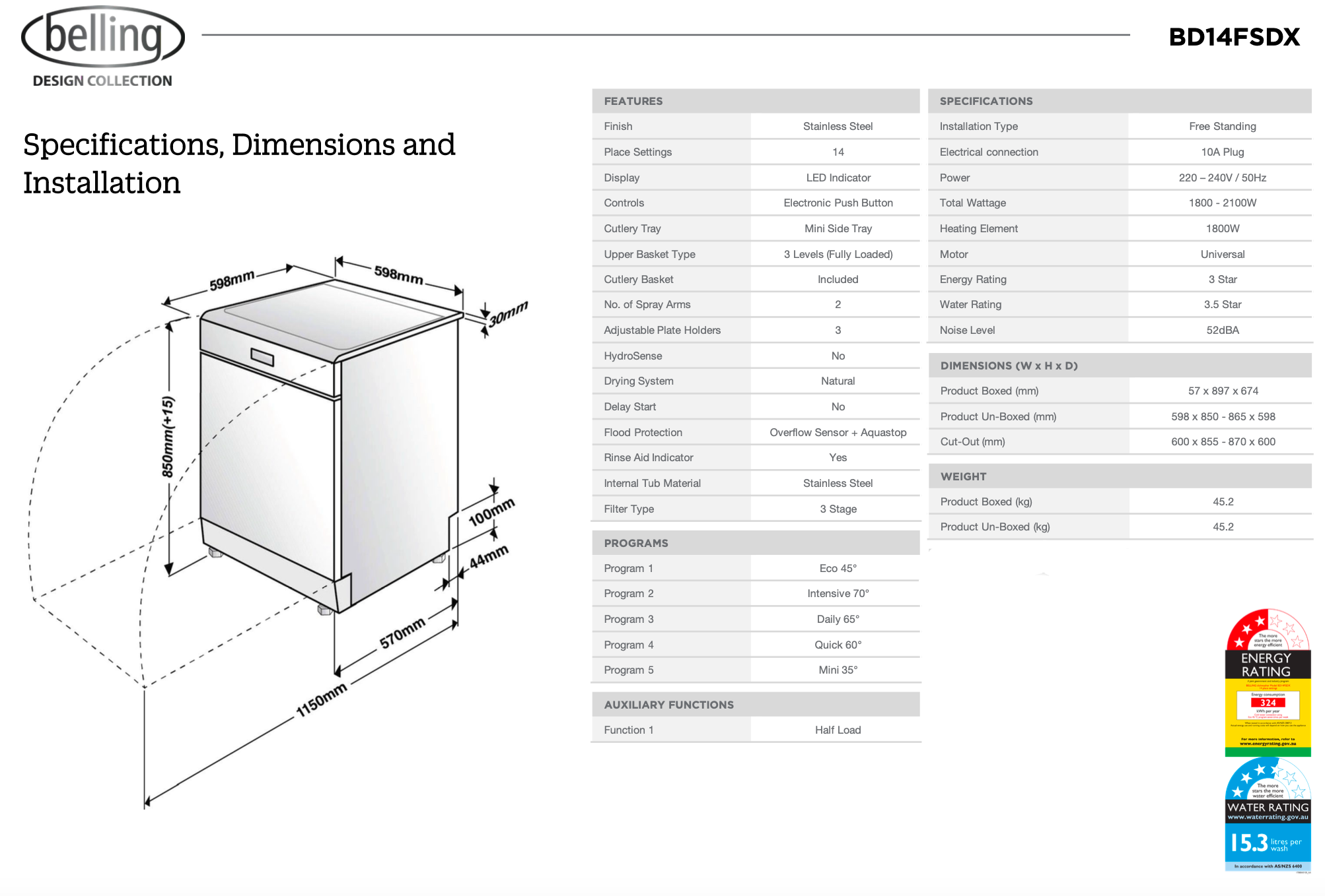 Belling BD14FSDX 14-Position Stainless Steel Dishwasher - Energy Efficient & Quiet | European Made | Kitchen & Small Restaurant Use