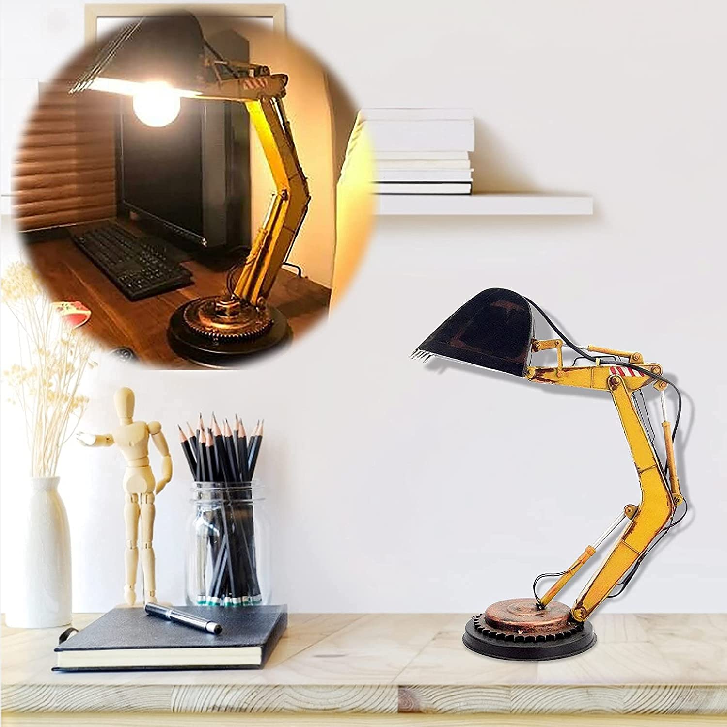LED Excavator Desk Lamp - Adjustable Vintage Industrial Style Table Light for Kids Room Decor, Study & Office Use | Unique Digger Tractor Themed Night Light for Children's Bedroom