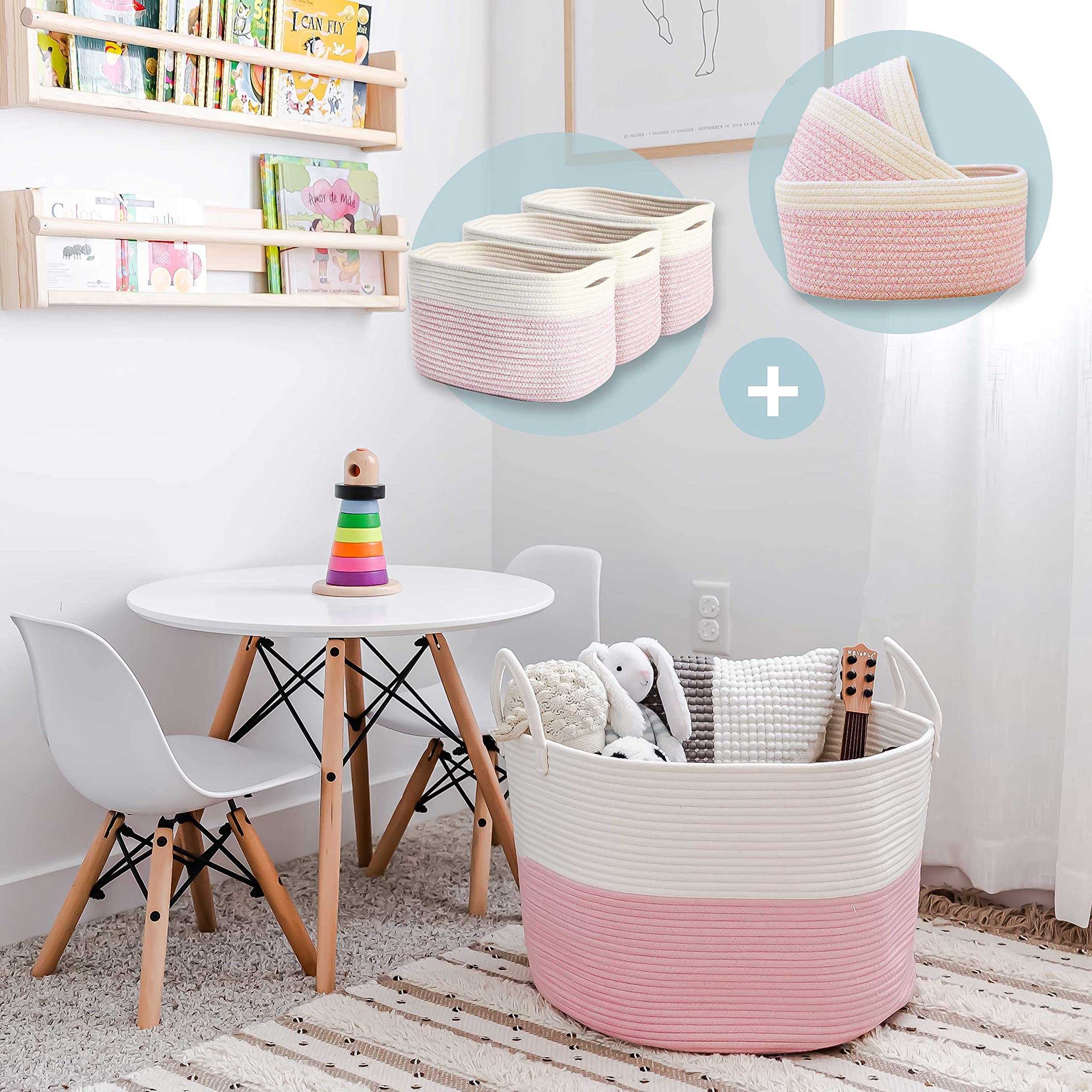Pink Wide Rope Nursery Basket Set with 3 Shelf Baskets & 3 Storage Baskets - Perfect for Baby Room Organization, Closet Storage & Home Decor