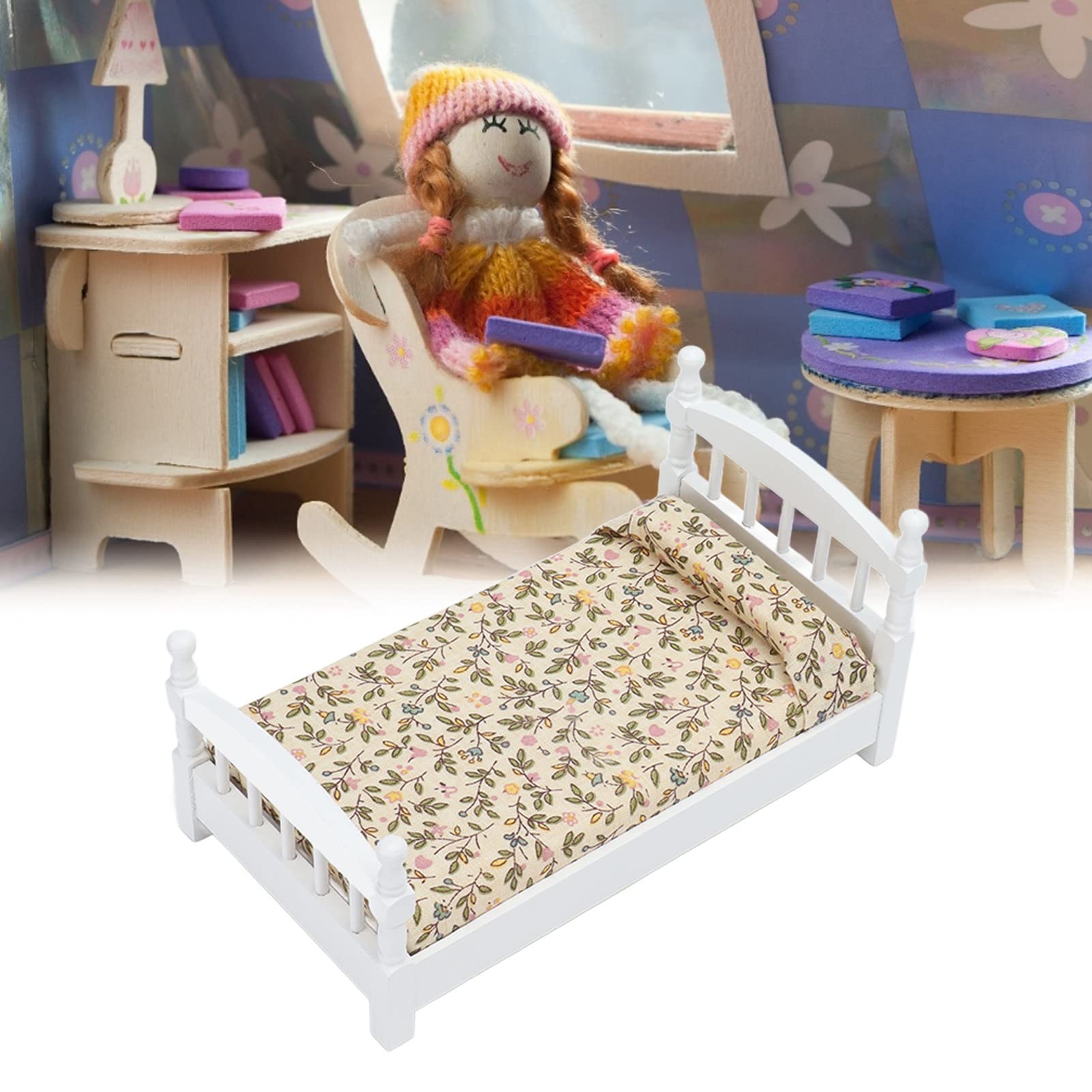 1:12 Scale Wooden Dollhouse Bed with Mattress & Pillows - Miniature Bedroom Furniture Set for Dollhouse Decor, DIY Projects & Collectors