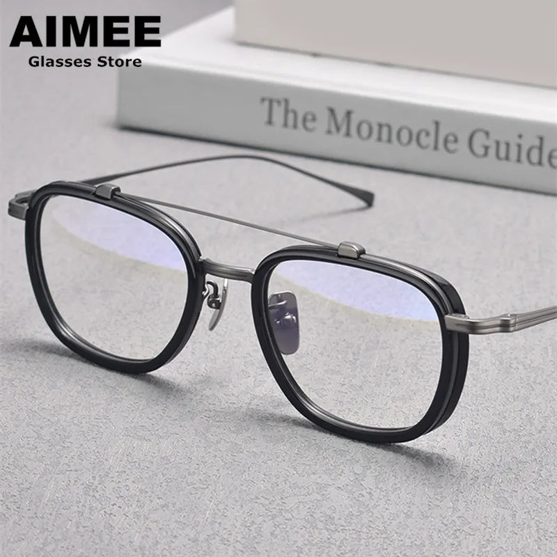 Stylish Aimee Unisex Full Rim Square Double Bridge Acetate & Titanium Eyeglasses Frame 20218 - Perfect for Work, Reading & Fashion Accessories