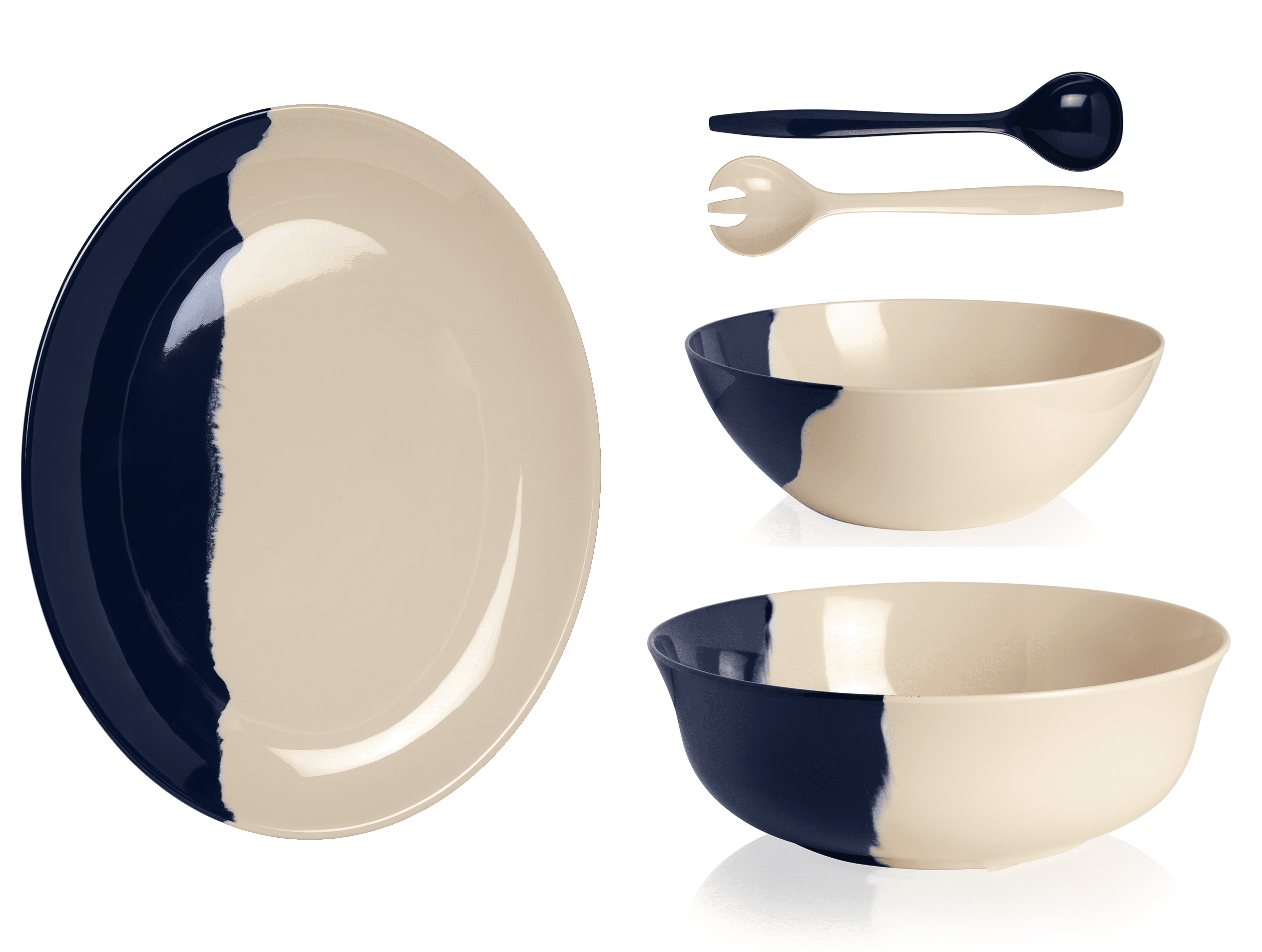 1/2 & 1/2 Ivory and Navy Melamine Salad Serving Set - 5 Piece Dinnerware for Outdoor Picnics, BBQs, and Party Entertaining
