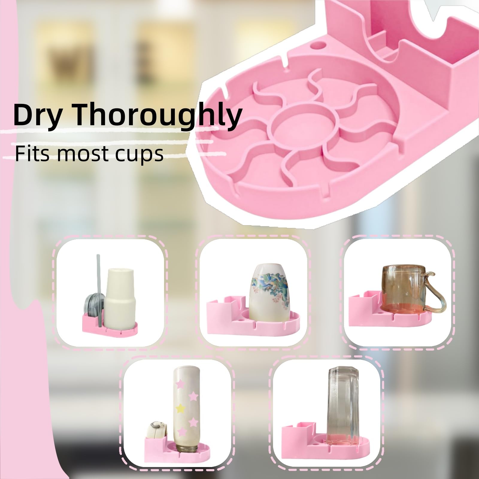 **Stanley Cup Silicone Bottle Drying Rack - Space Saving Tumbler & Water Bottle Holder for Mugs, Glasses, Baby Bottles - Includes Multifunctional Brush (Pink) - Perfect for Kitchen, Office, Dorm & Travel**