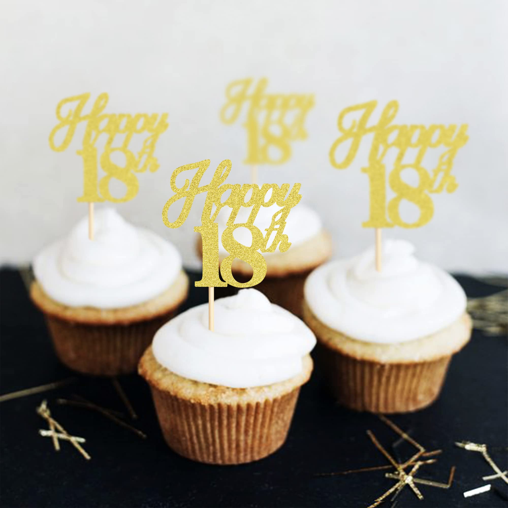 Ercadio 24 Pack Gold Glitter 18th Birthday Cupcake Toppers - Cheers to 18 Cake Decorations for Wedding, Anniversary & Party Supplies | Perfect for Sweet 16, Graduation & Milestone Celebrations