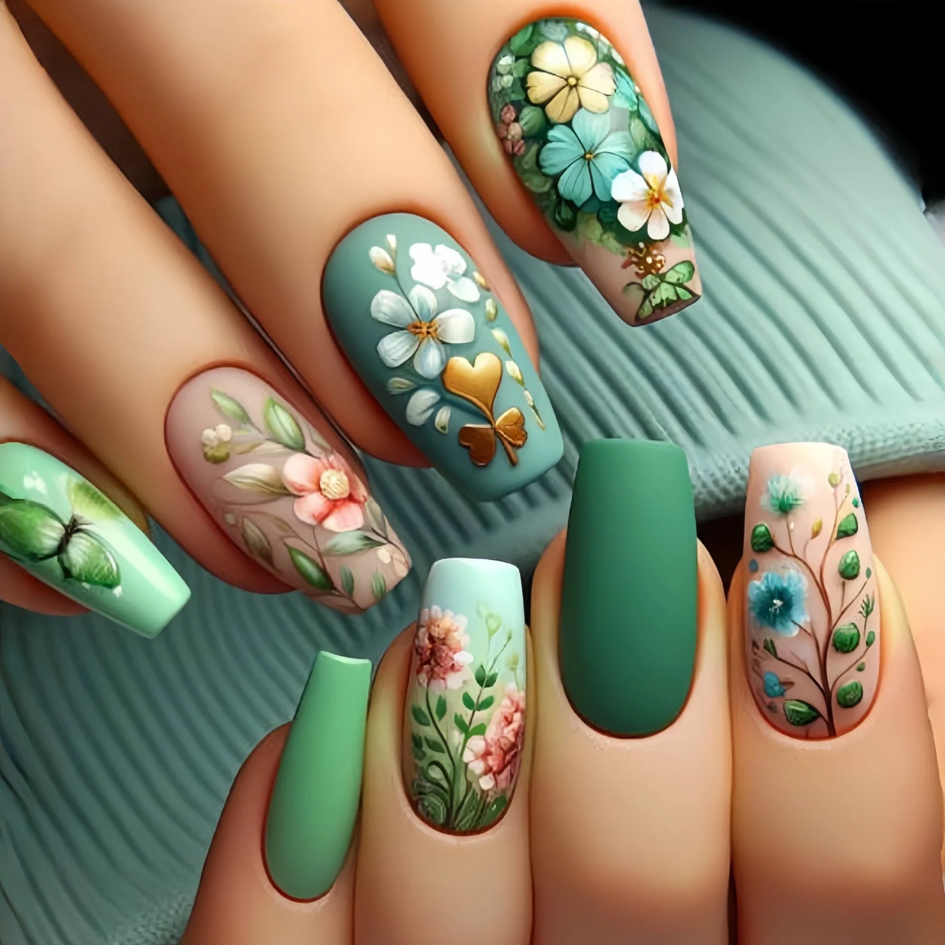 24Pcs Blue French Fake Press On Nails - Medium Length Square Ballet False Nails with White Floral Design, Ready to Wear Artificial Nail Set for Parties, Weddings & Special Occasions