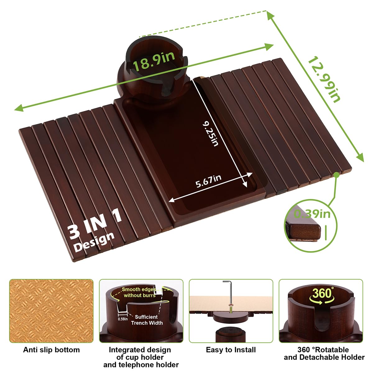 360° Rotating Foldable Couch Cup Holder Tray - 3-in-1 Sofa Arm Table with Phone Holder, Drink & Snack Tray for Living Room, Bedroom, Office - Perfect for Holding Coffee, Books, Remote Control While Relaxing