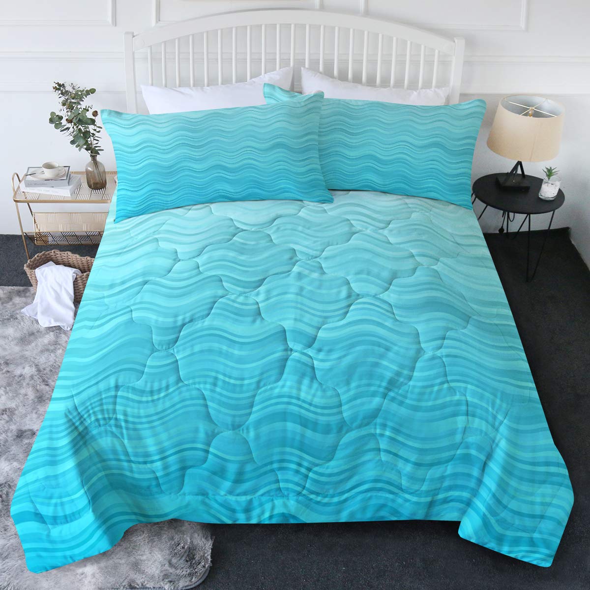 BlessLiving King Comforter Set - Turquoise Ocean Wave Bedding with Artistic Pastel Wavy Pattern, 3-Piece Aqua Blue Striped Bed Set for Coastal & Boho Bedroom Decor