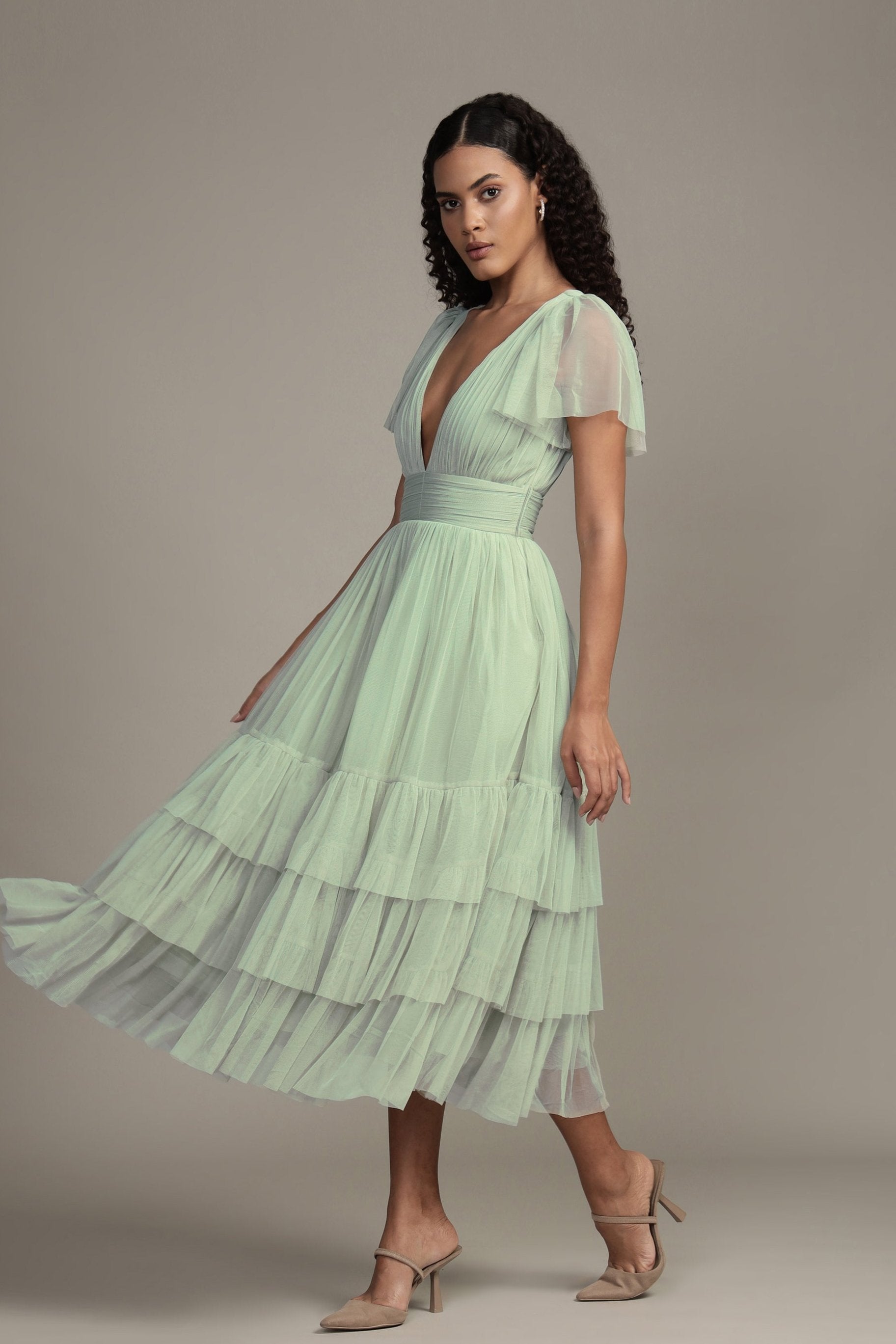 Madison Sage Green Tulle Bridesmaid Midi Dress - Elegant Tea-Length Formal Gown for Weddings, Parties & Special Occasions