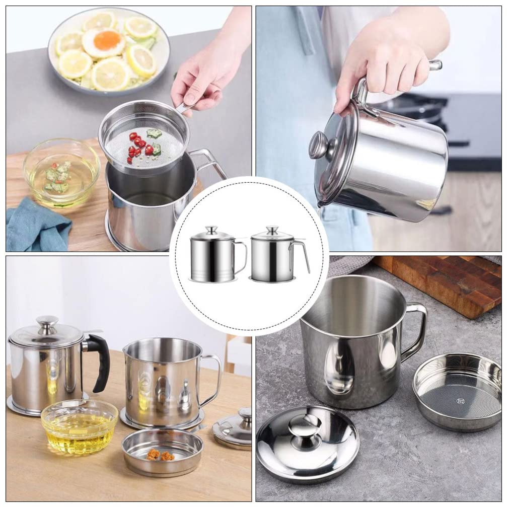 Hemoton 2-Pack Stainless Steel Grease Containers with Lids - Oil Strainer Pot for Kitchen, Cooking & Frying - Durable Food-Grade Storage for Used Cooking Oil, Drippings & Grease - Ideal for Restaurants, Home Kitchens & Outdoor BBQ
