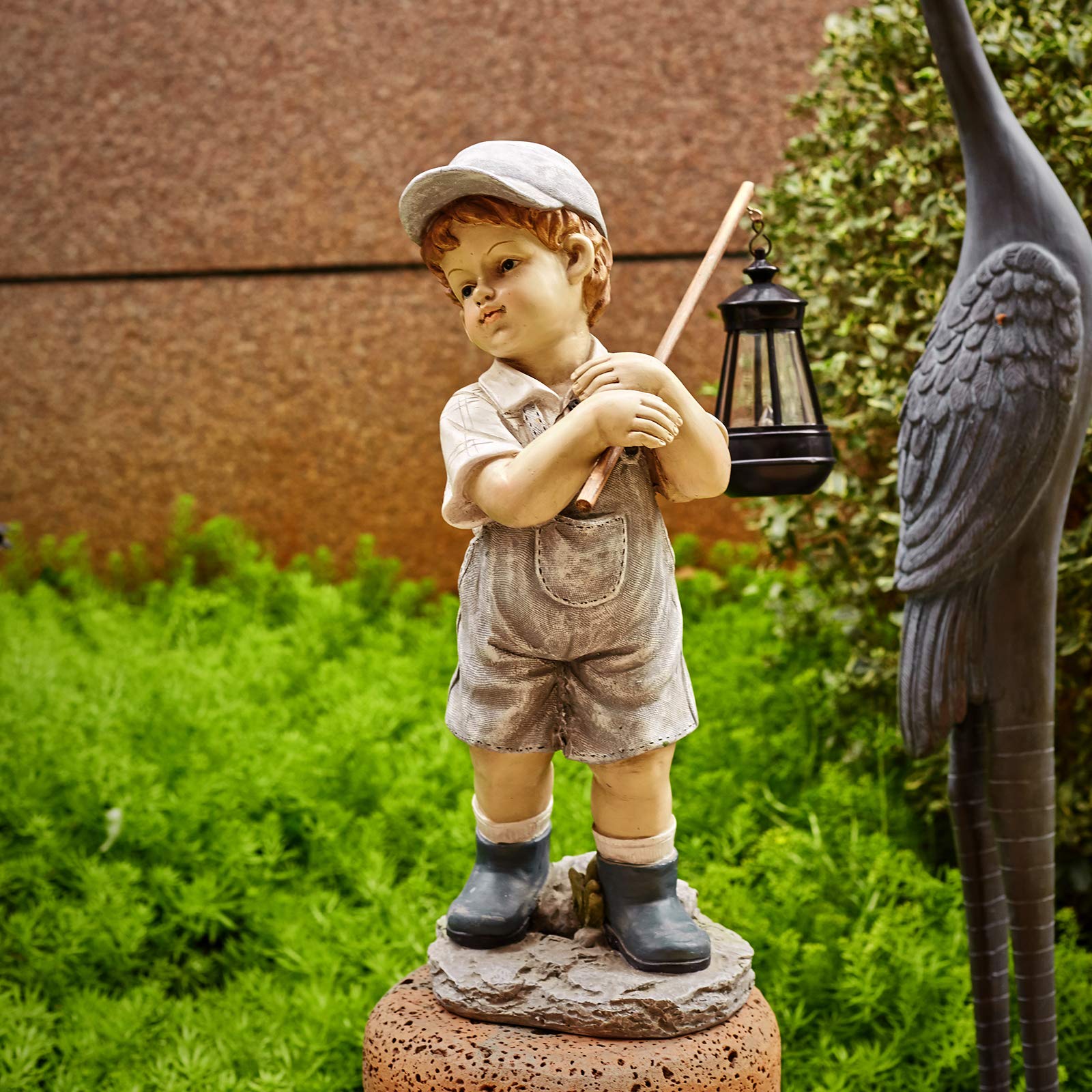 Solar Powered Boy Garden Statue with LED Lantern - 17.5