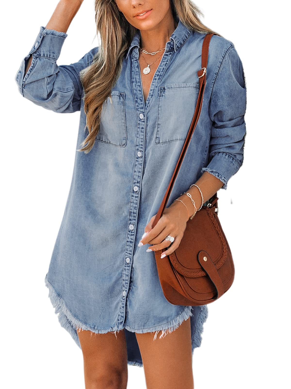 CUPSHE Women's Denim Shirt Dress - Long Sleeve Button Down Casual Jean Dress with Pockets | Perfect for Everyday Wear, Office Outfits & Weekend Brunch