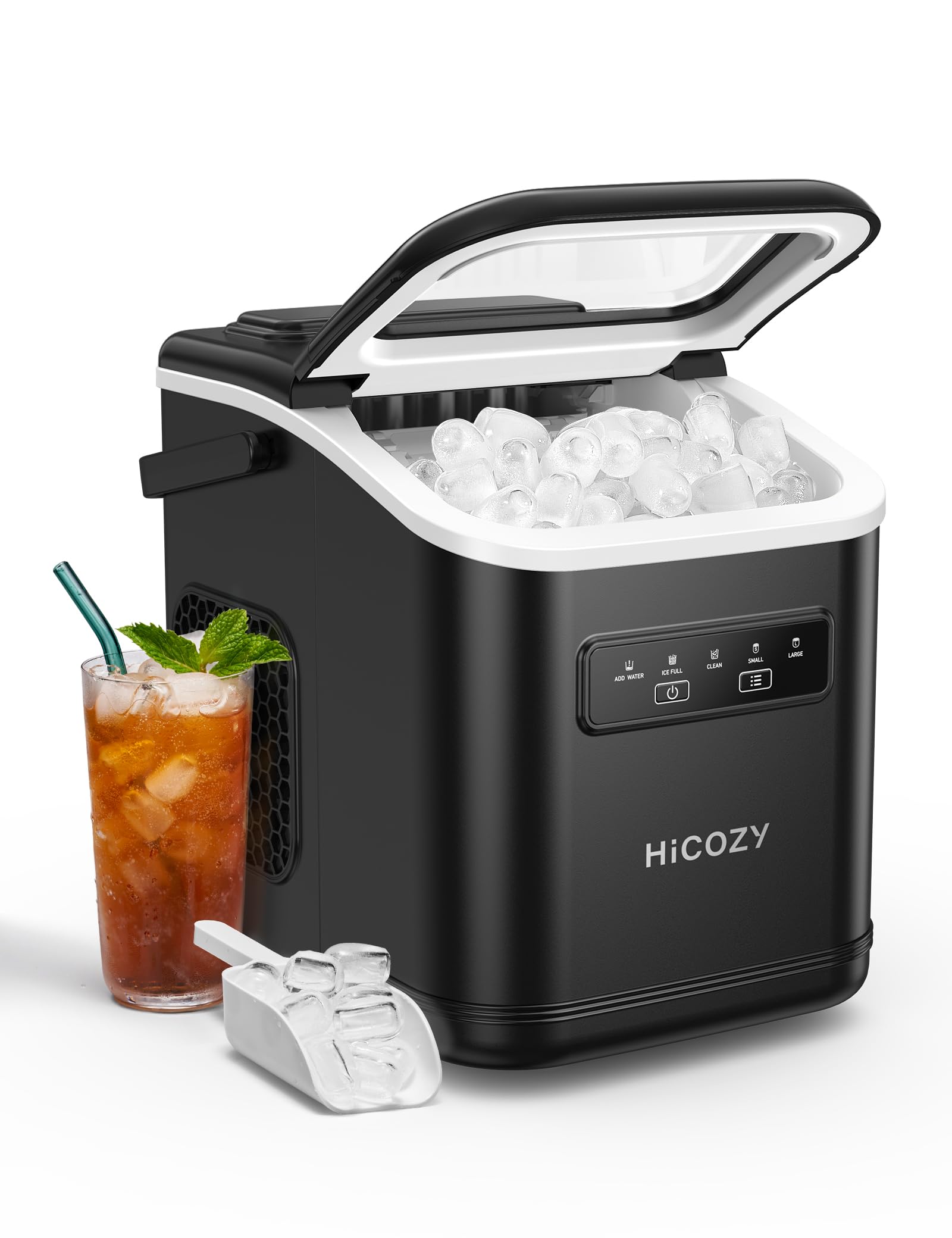 HiCOZY Portable Countertop Ice Maker Machine - Fast 6-Min Ice, 26 lbs/Day, Self-Cleaning, Compact with Handle for Kitchen, Office, RV, Camping & Home Bar - Perfect for Parties, Drinks & Small Spaces (Black)