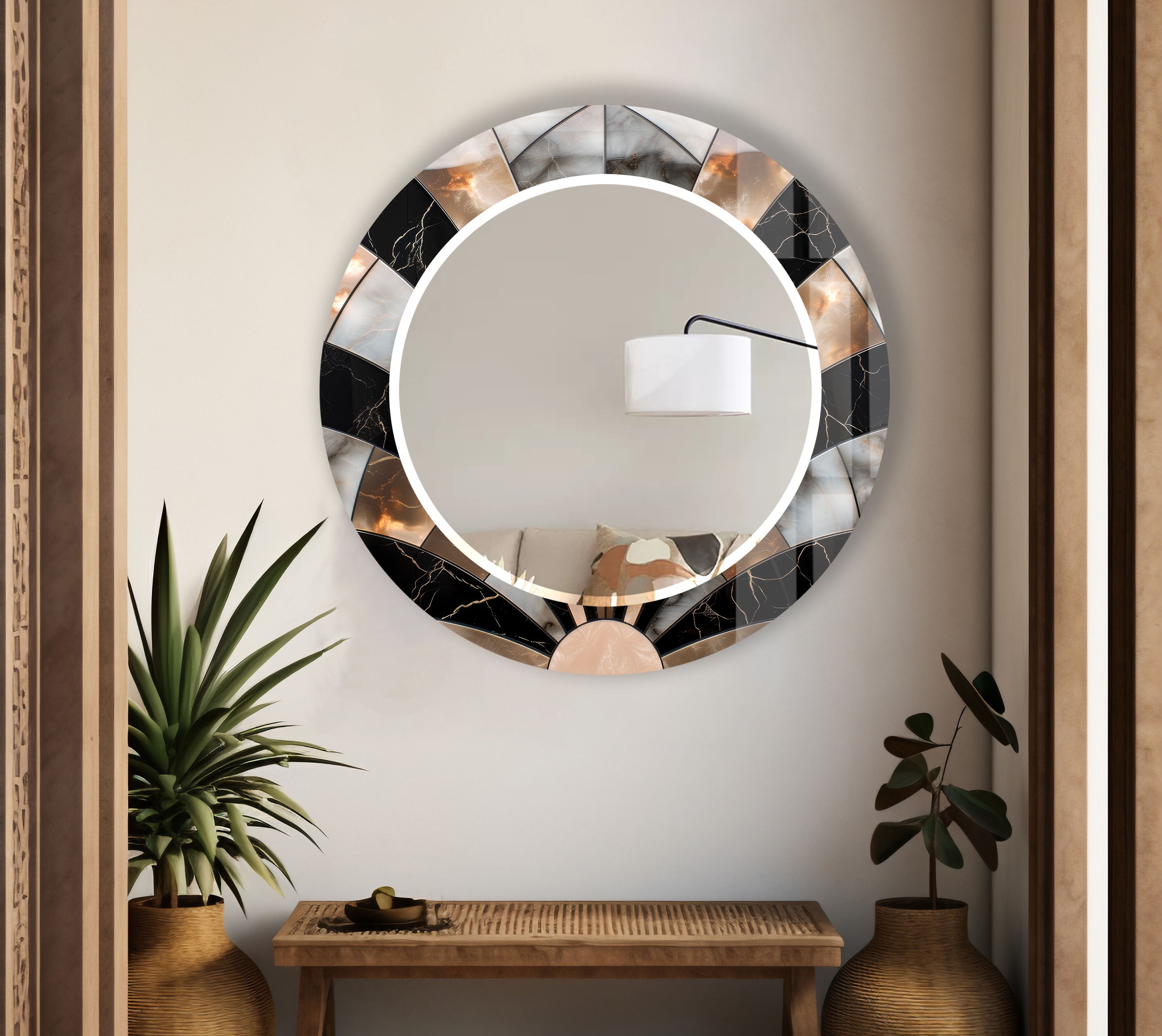 Elegant Black Marble Round Wall Mirror with Sunburst Frame - Perfect for Living Room, Bedroom, and Bathroom Decor