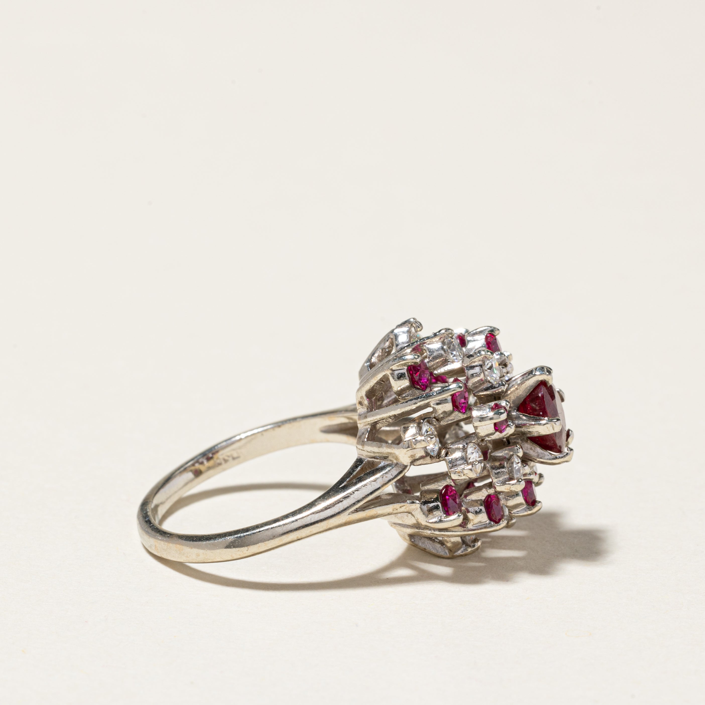10K Gold Synthetic Ruby & Diamond Cluster Cocktail Ring - 1.25ctw (0.44ctw Diamonds) - Size 5 - Elegant Evening Wear & Special Occasion Jewelry Gift for Women
