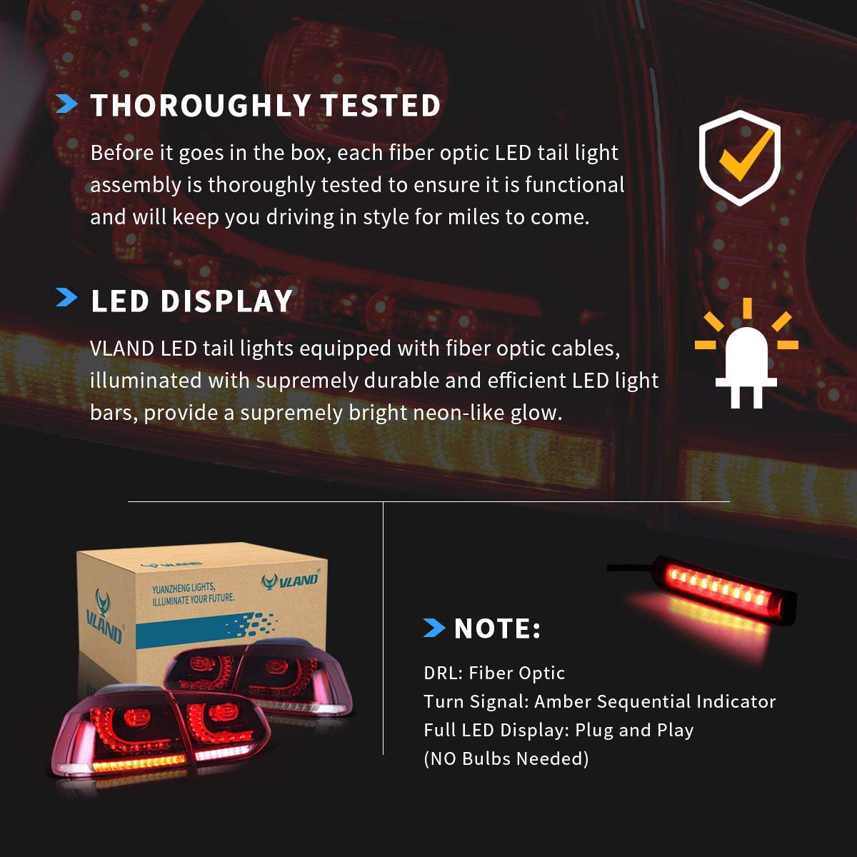 VLAND Full LED Tail Lights for VW Golf 6 MK6 (2010-2014) - Sequential Turn Signal, Red & Clear Lens - Rear Lamp Assembly - Upgrade for Night Driving & Enhanced Visibility