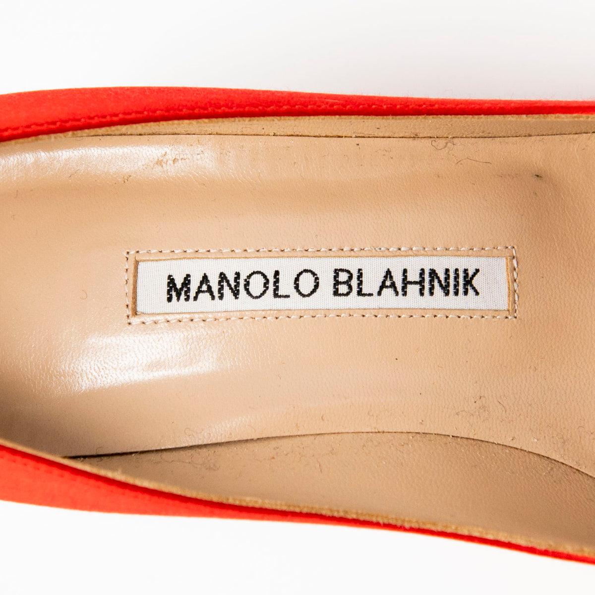 Manolo Blahnik Hangisi Red Satin Pumps Women's Size 37 - Elegant High Heels for Weddings, Parties & Special Occasions