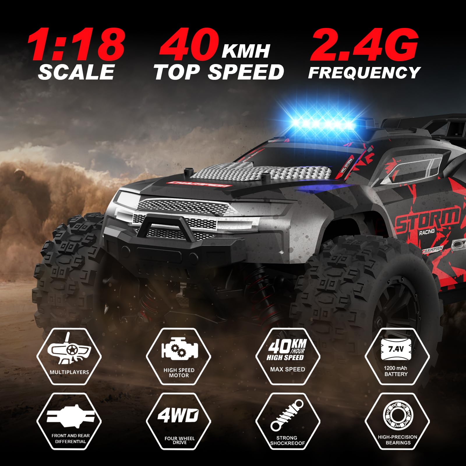 1:18 Scale All Terrain RC Cars - 40km/h High Speed Remote Control Vehicle, 2.4Ghz 4WD Off Road Monster Truck with 2 Rechargeable Batteries | Electric RC Car Toys for Kids & Adults | Perfect for Outdoor Racing, Backyard Play and Gift Giving