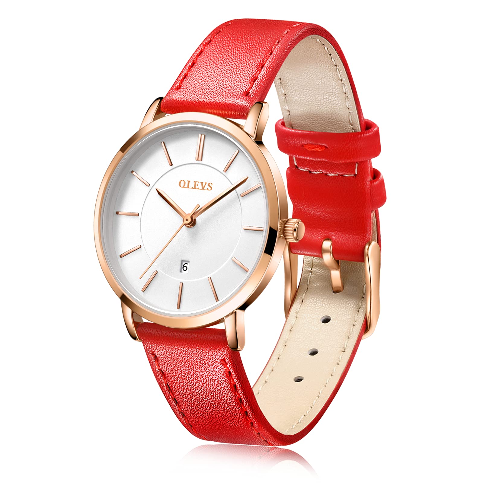 OLEVS Women's Waterproof Analog Quartz Watch - Ultra Thin Red Leather Strap with Date Calendar - Elegant Wristwatch for Everyday Wear, Office & Special Occasions - Perfect Gift for Women